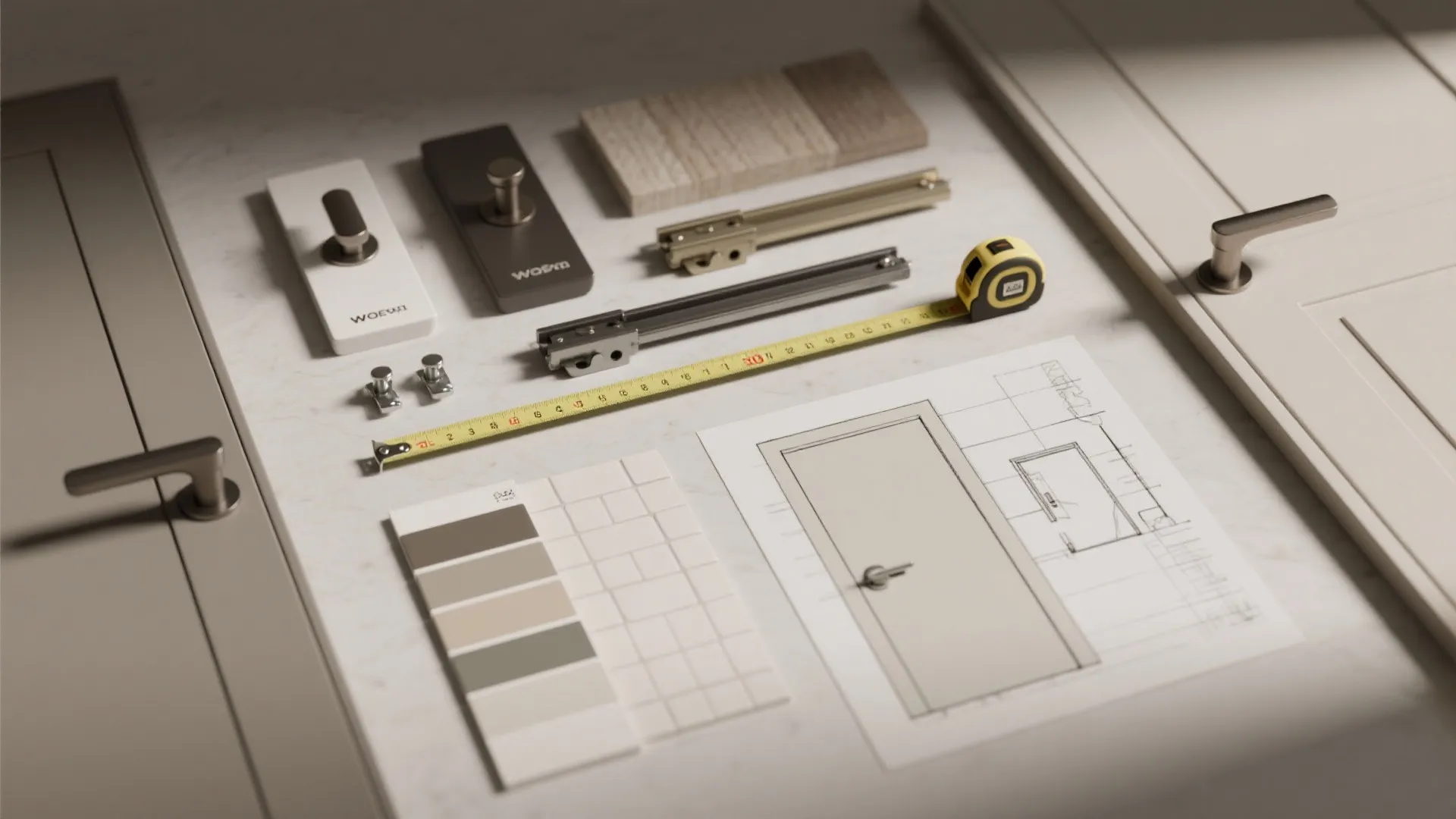 Interior design drawing with door hardware samples measuring tape and color palette on a table