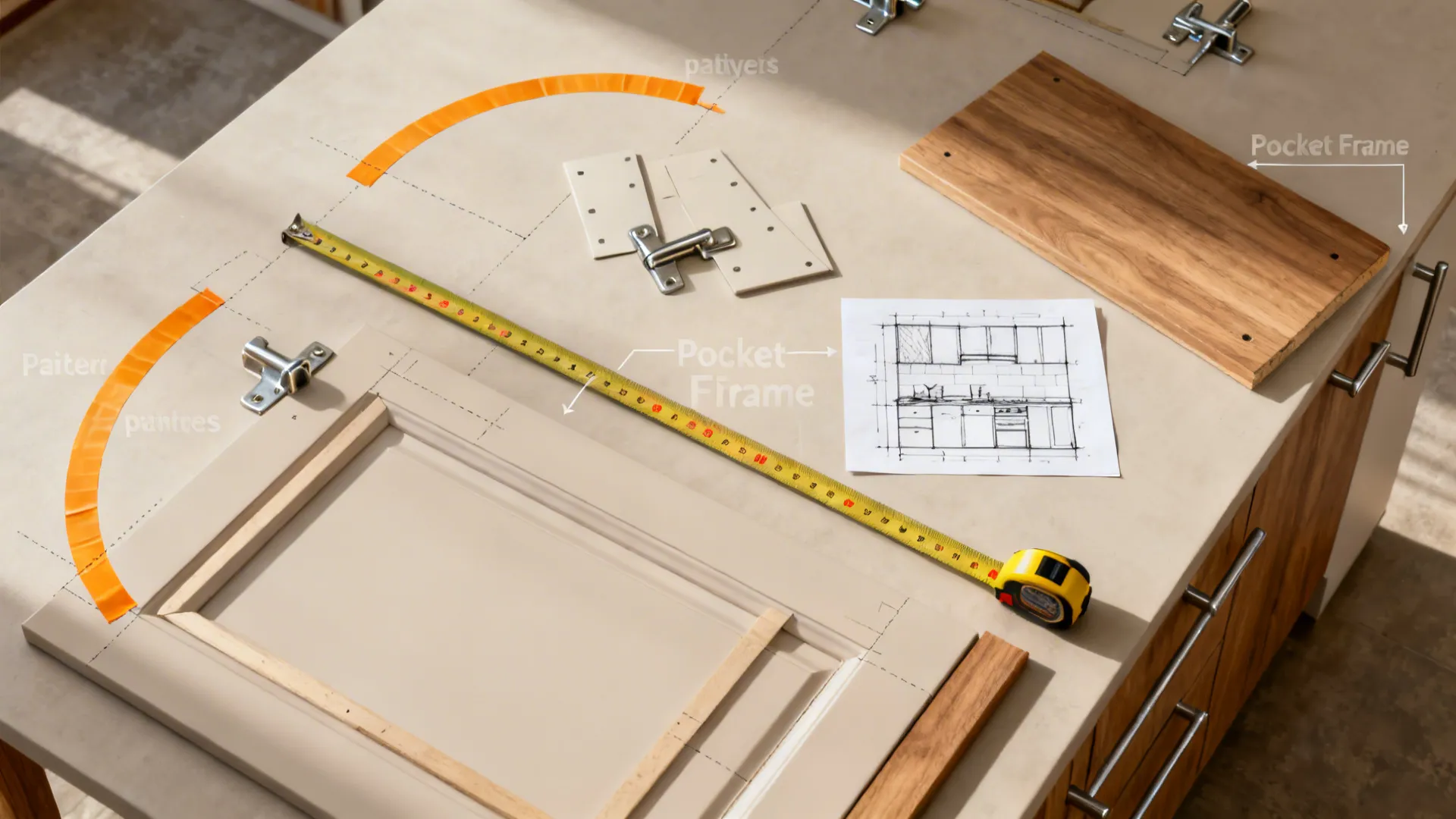 Kitchen door planning scene with tape measure design sketch hinges and wood panel on table