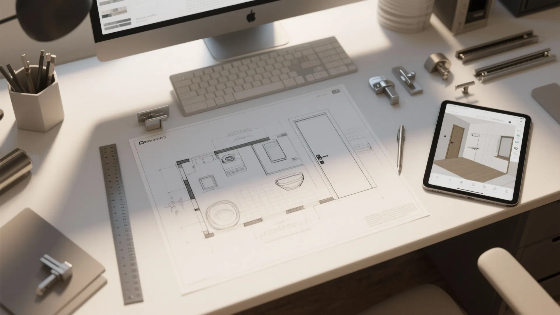 Workplace desk with hand drawn room layout sketch tablet showing 3D design and various door hardware