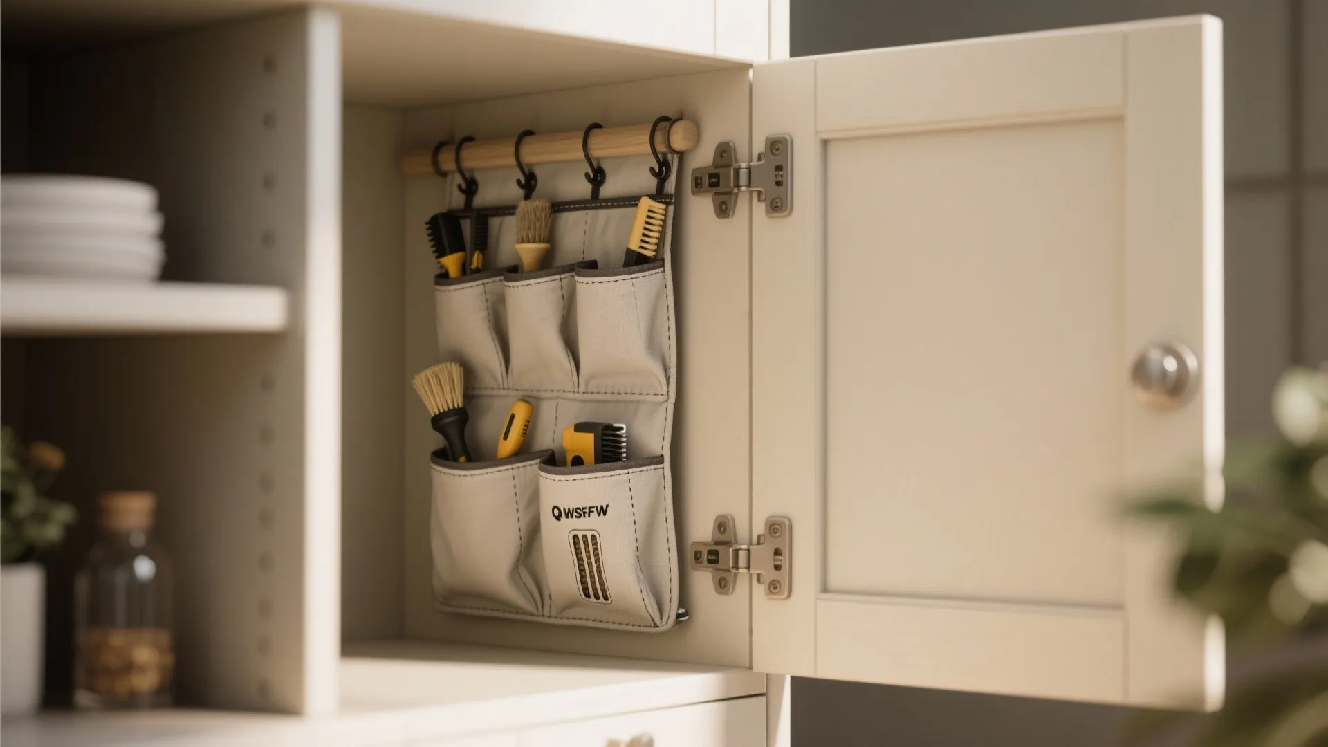 4. Hanging pocket organizer on the inside of cabinet doors