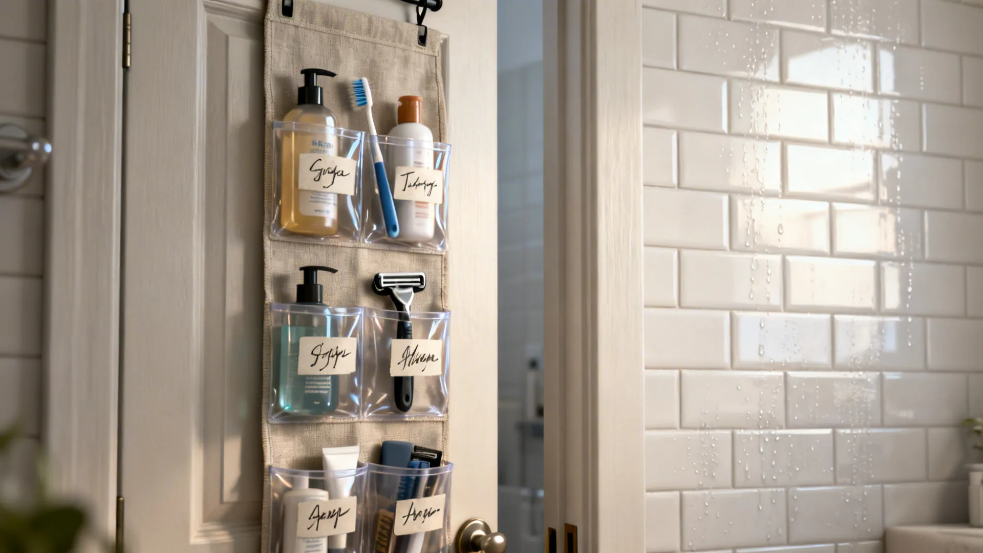 Slim over-the-door organizer holding toiletries on a bathroom door.