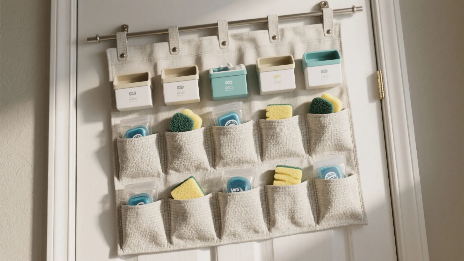 Hanging fabric storage organizer on a white door with pockets holding sponges and small containers