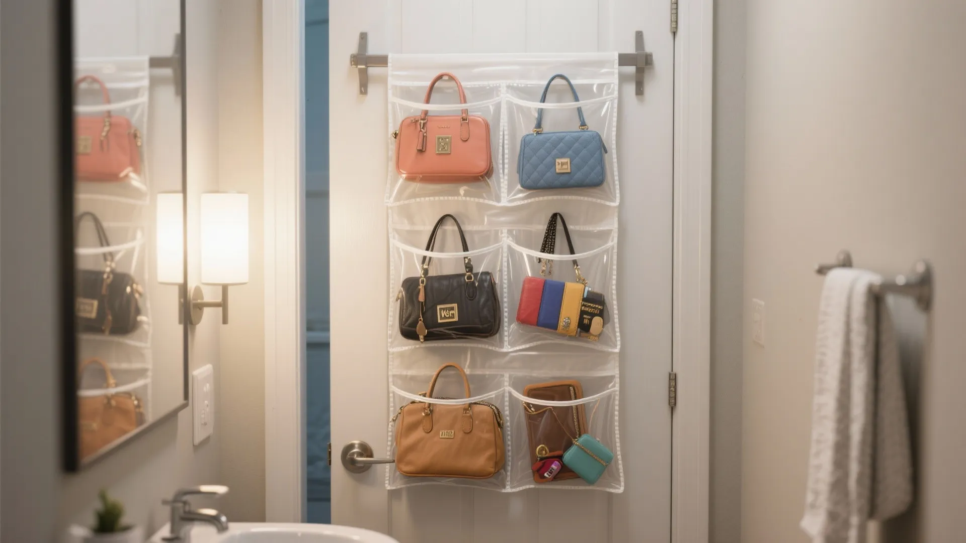 Clear hanging door organizer with six pockets holding colorful hand bags in a white bathroom setting