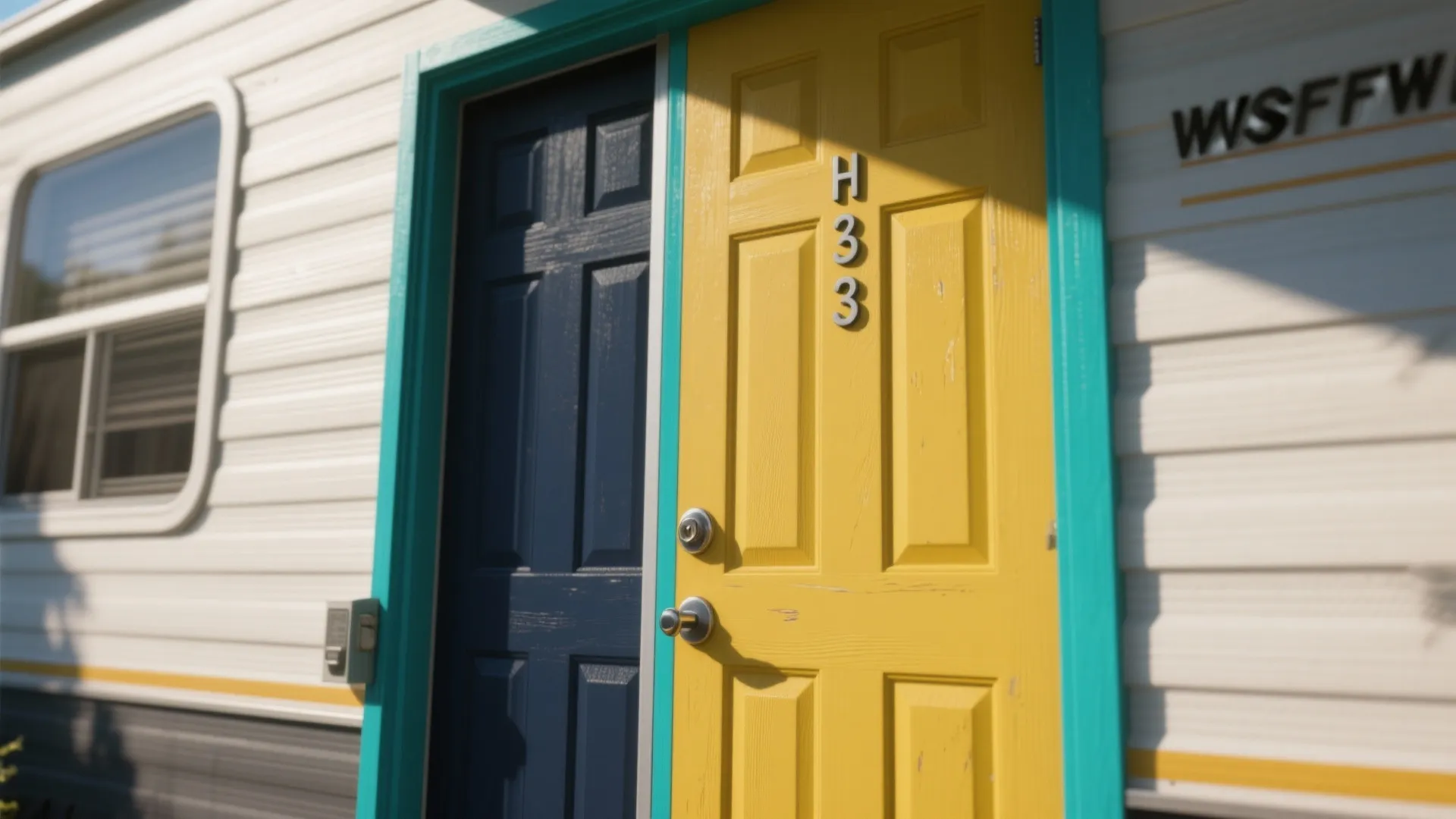 A yellow front door with house number next to a dark blue door on trailer