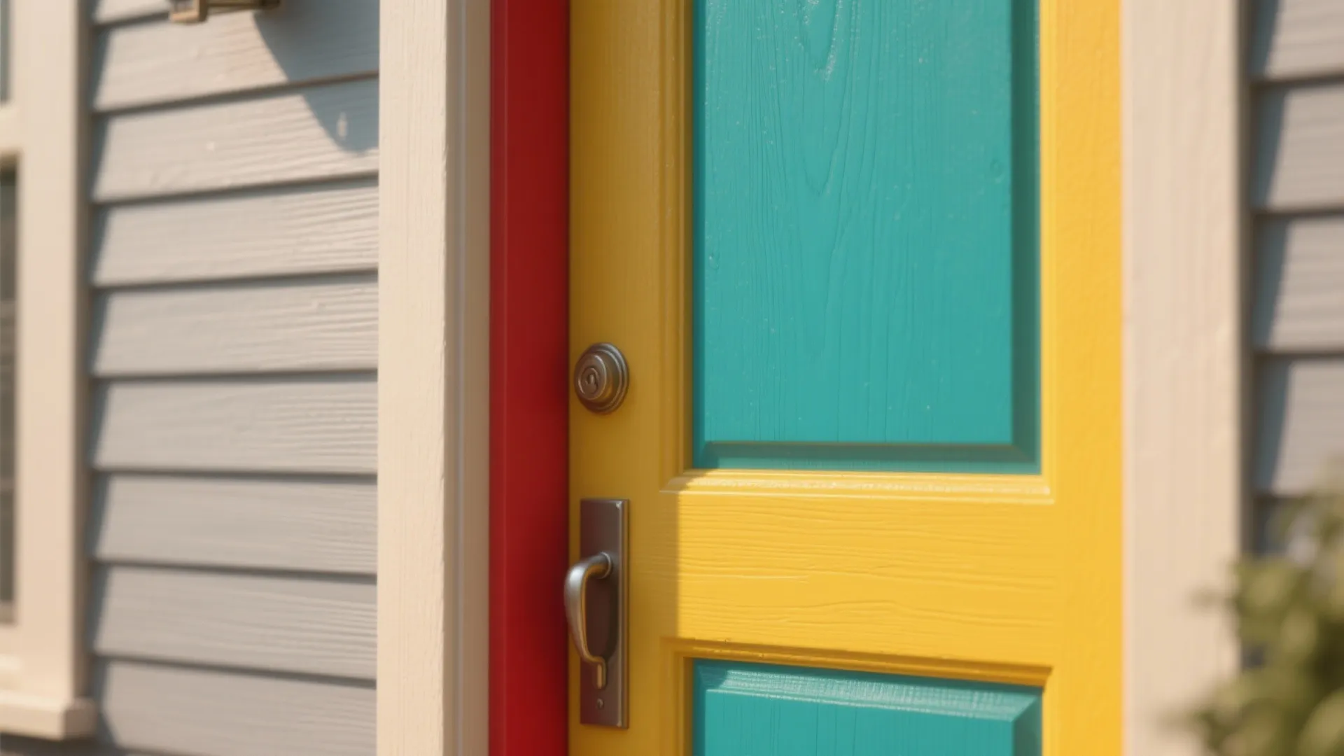 Close-up of colorful front door with bright yellow frame teal panels and a silver handle