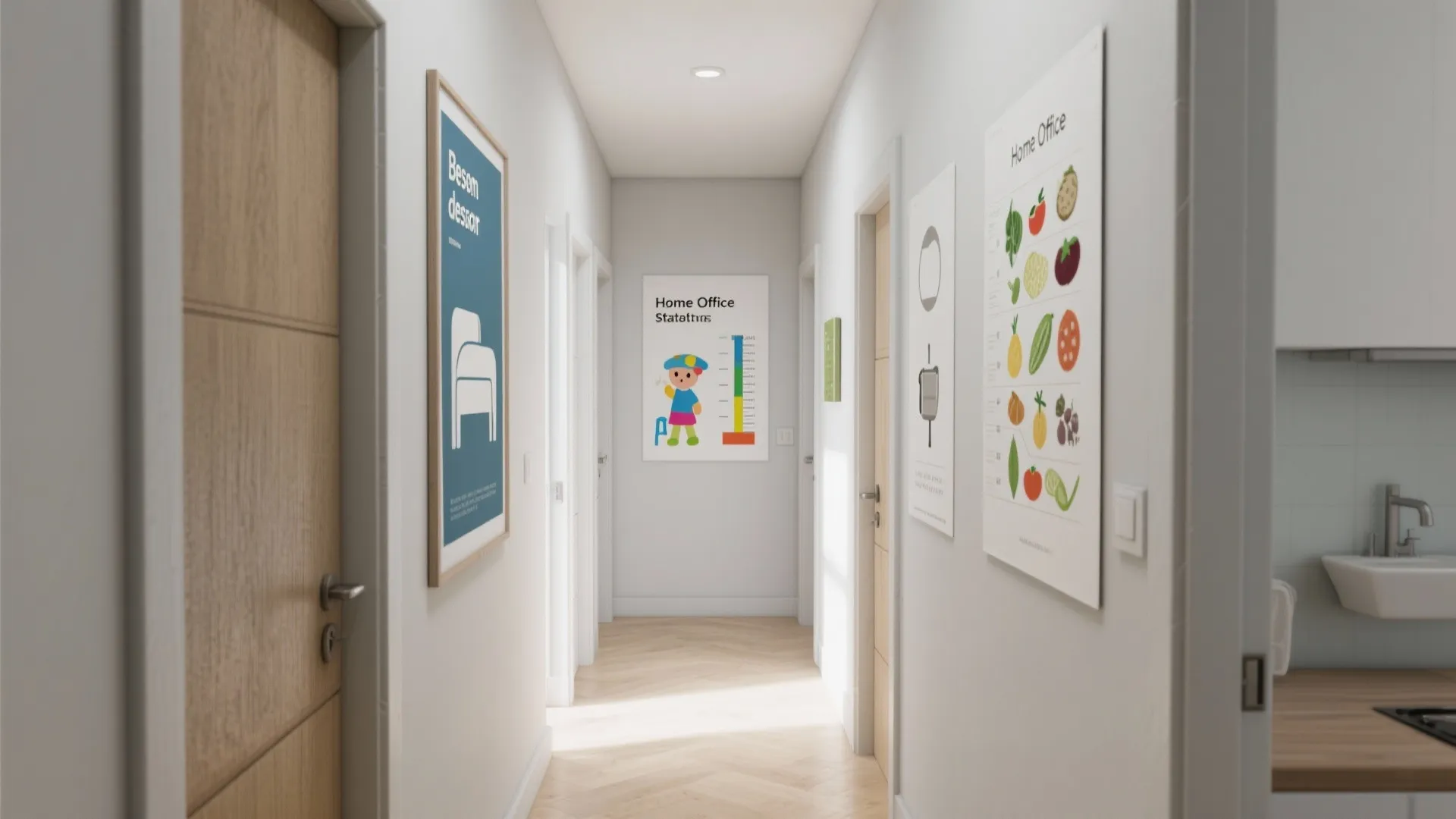 Bright white hallway with wooden doors and framed art posters on walls leading to bathroom