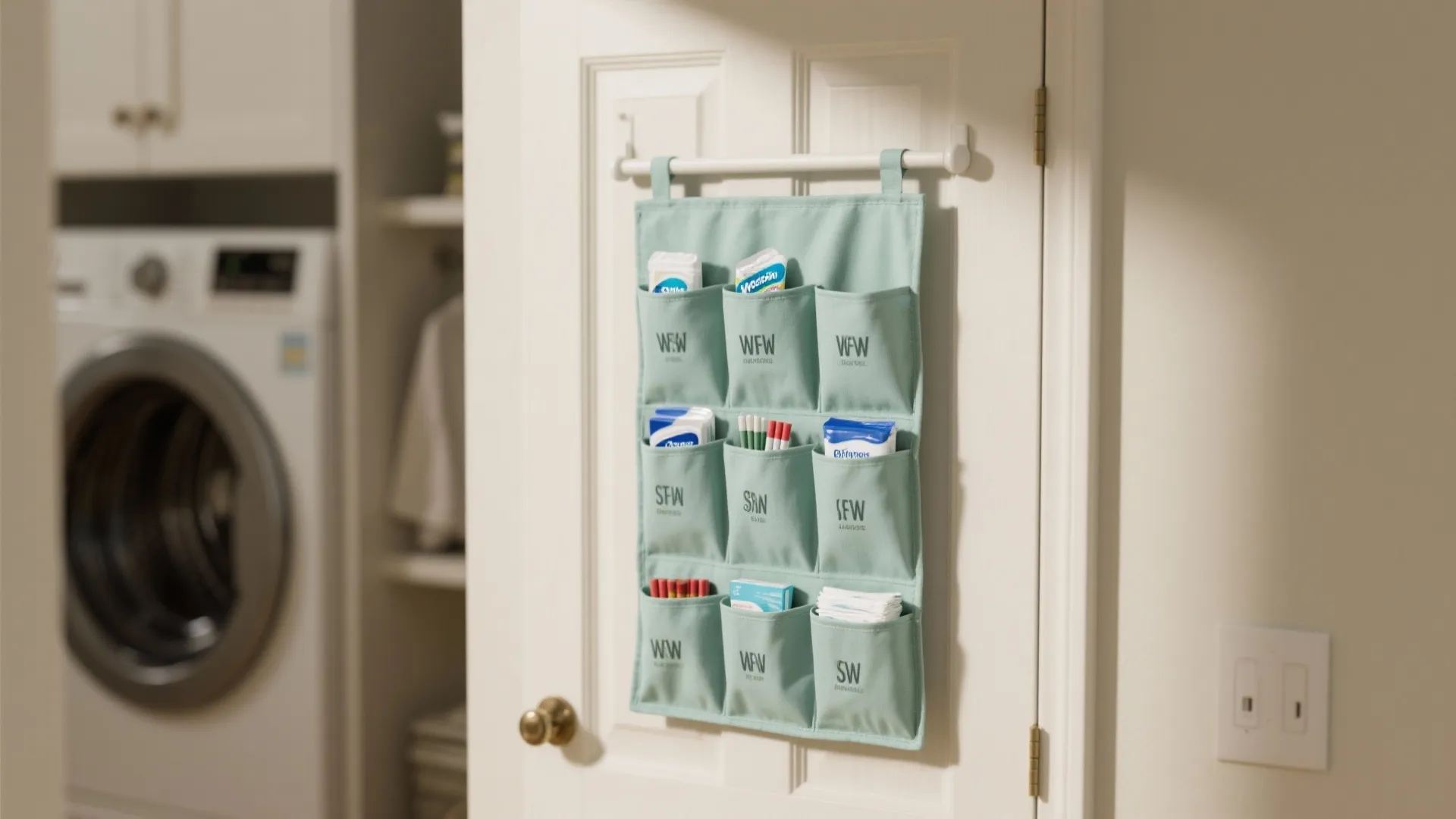 Over-the-door hanging pouch organizer with labeled fabric pockets for pods and stain removers in a hallway laundry door.