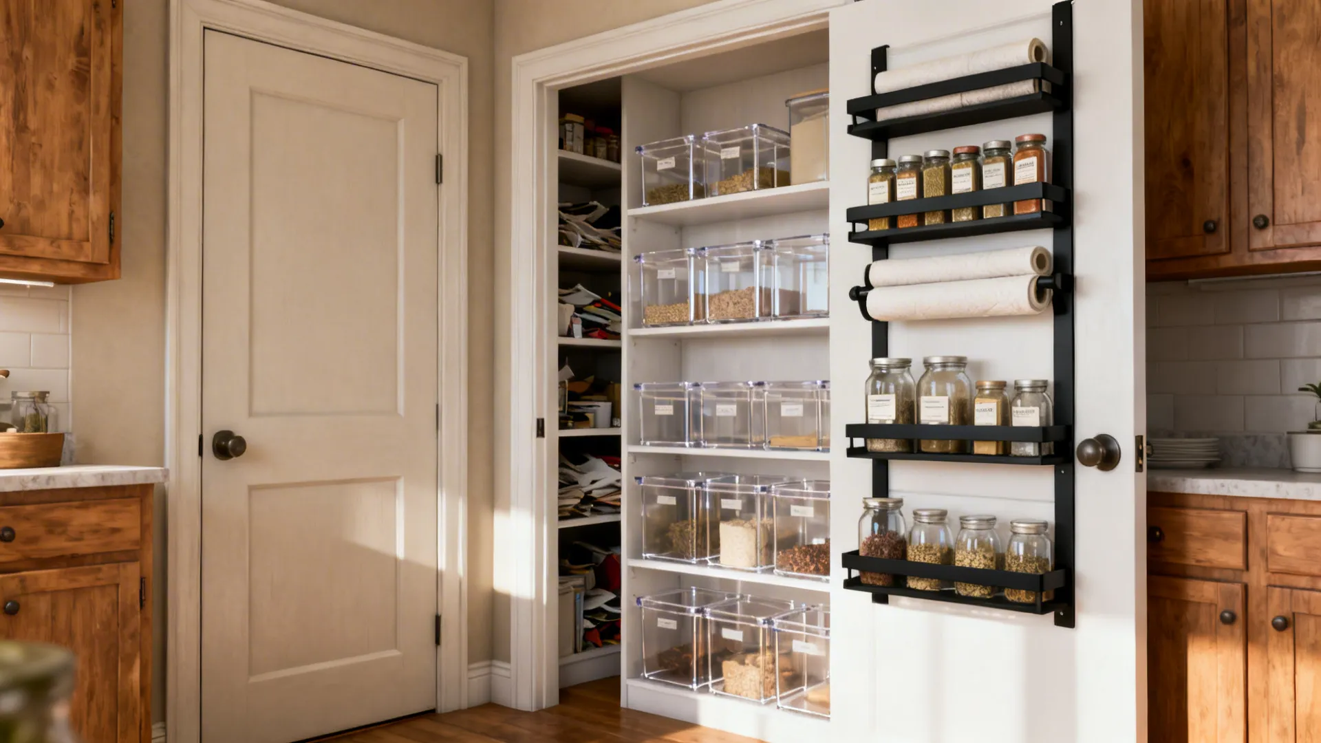 White door with black rack holding spice jars and paper towels beside an organized pantry