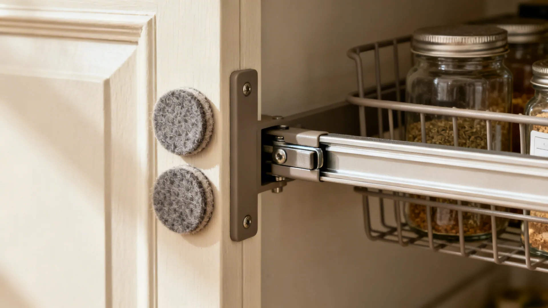 Close-up of door spice rack with felt pads and a pull-out basket inside a cabinet.