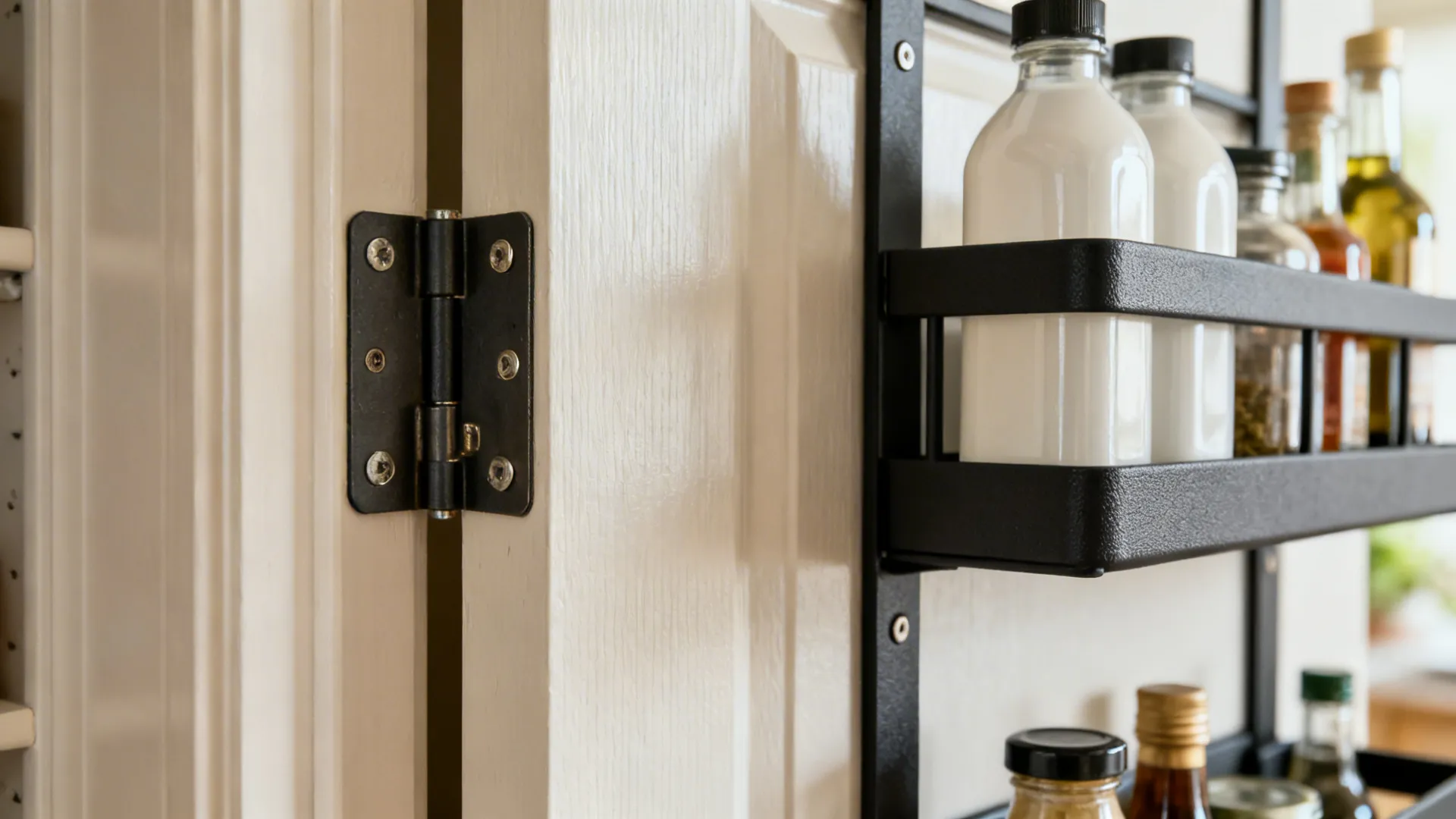 Macro of adjustable inside-the-door rack with reinforced hinge area and light bottles.