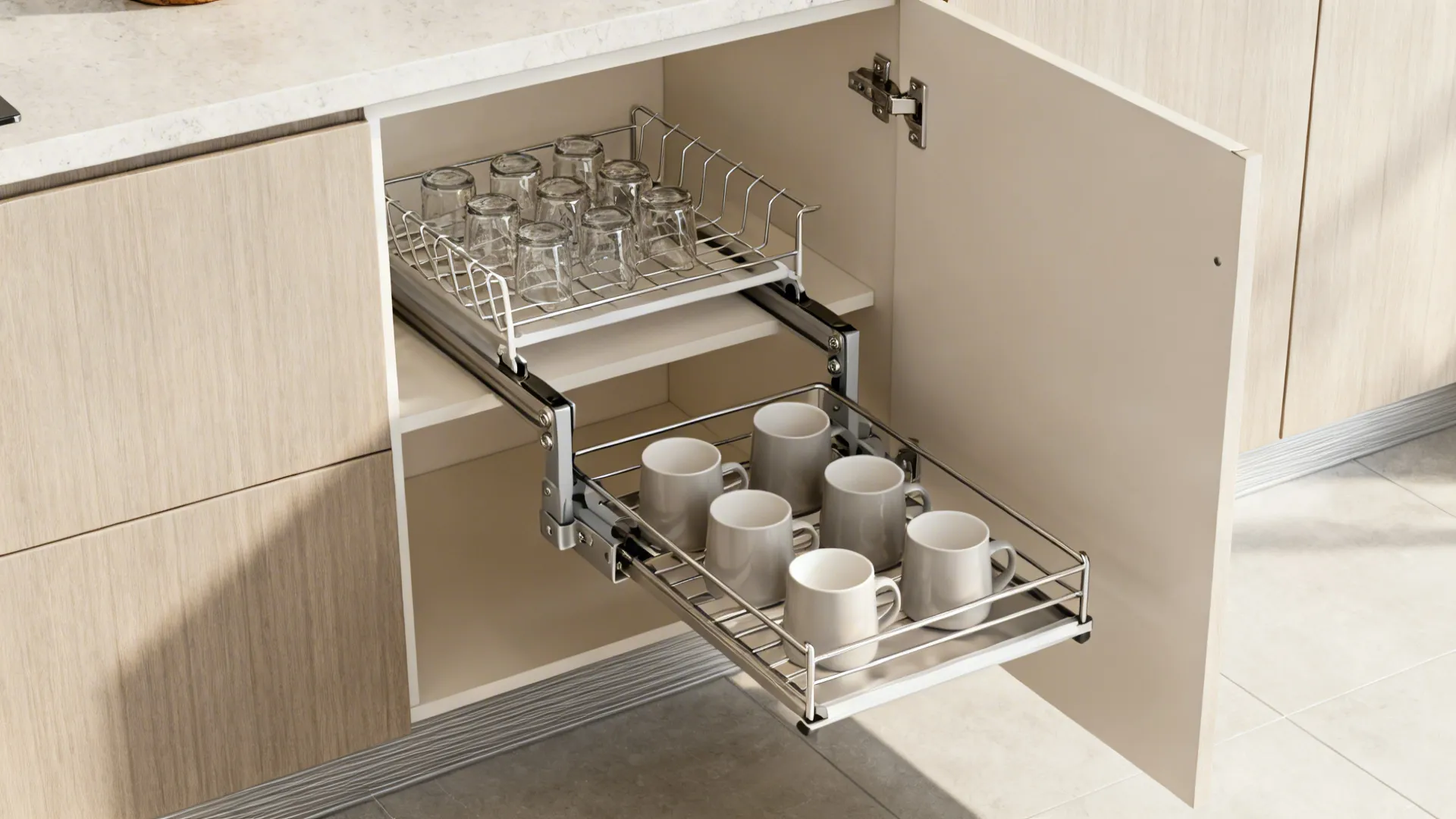 Open kitchen cabinet showing pull-out metal storage rack with coffee mugs and clear drinking glasses