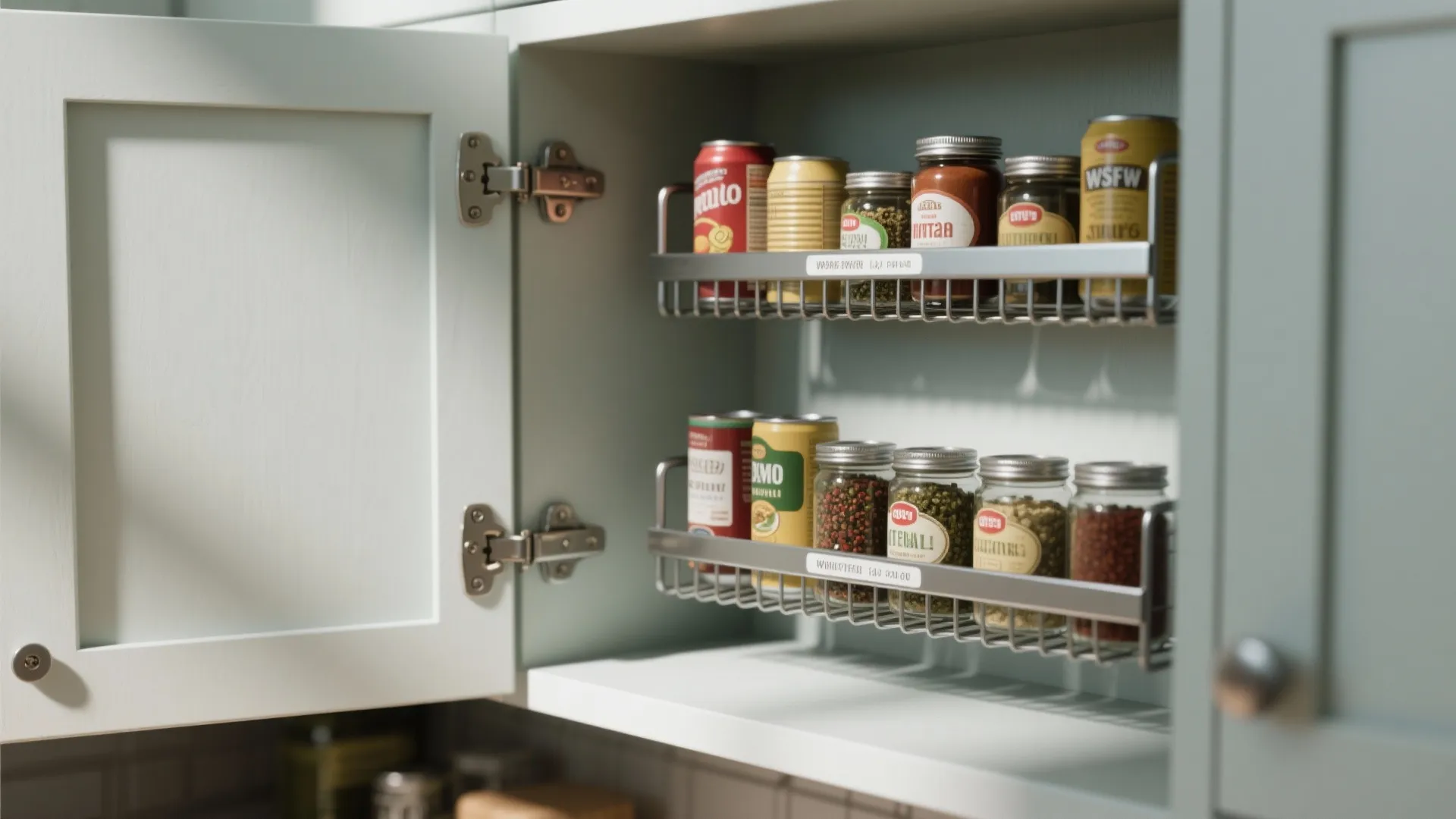 Open kitchen cabinet featuring two metal door racks holding various spice jars and colorful food cans