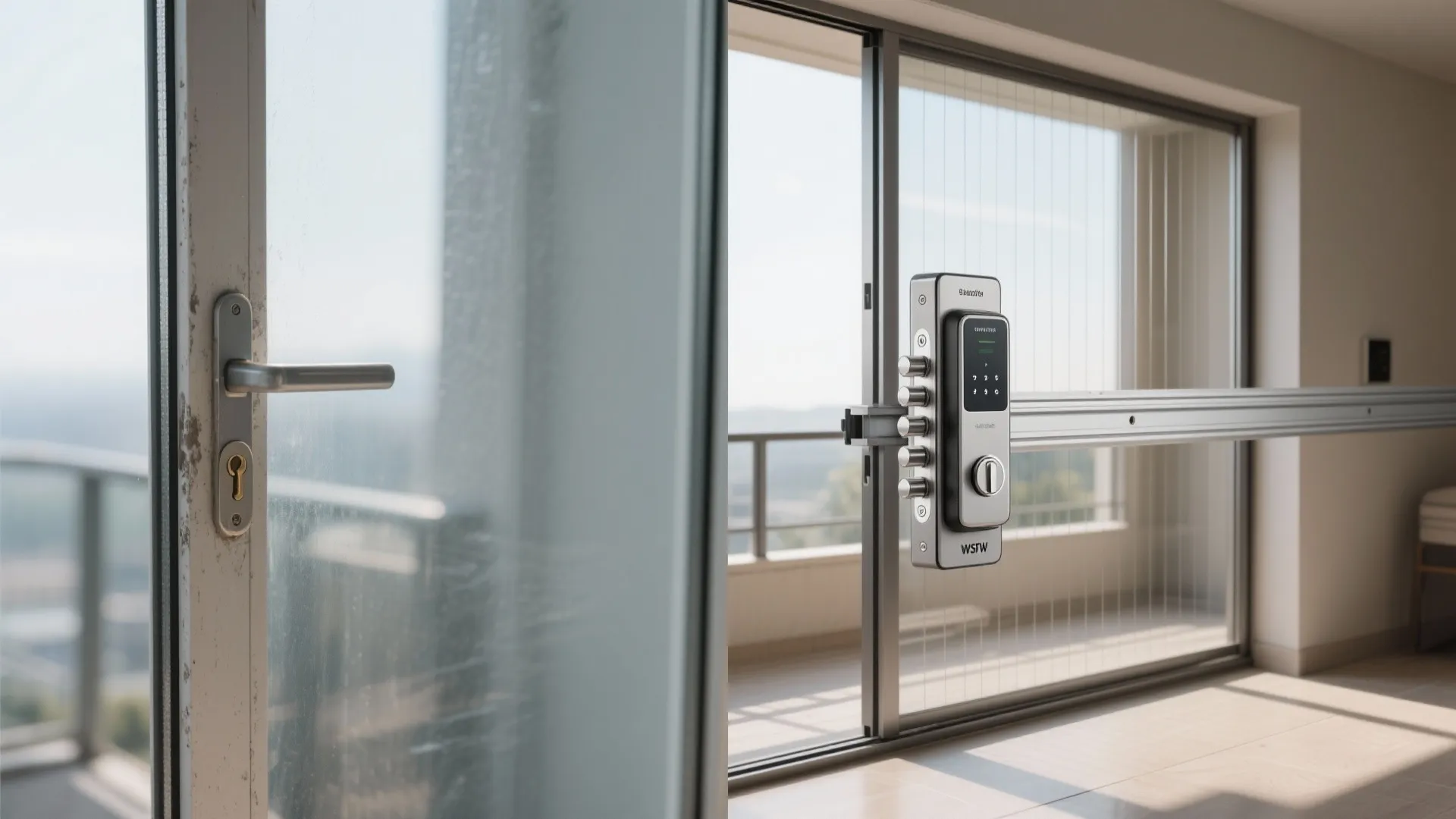 Before-and-after sliding door showing upgraded multi-point lock, pin lock, and security film.