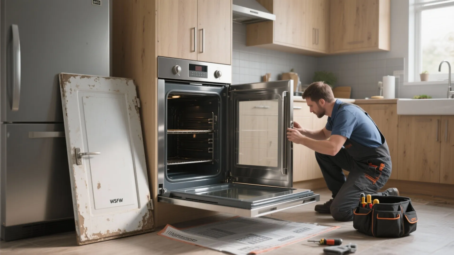 Repairman kneeling in a kitchen fixing a built-in oven with tools and an old door
