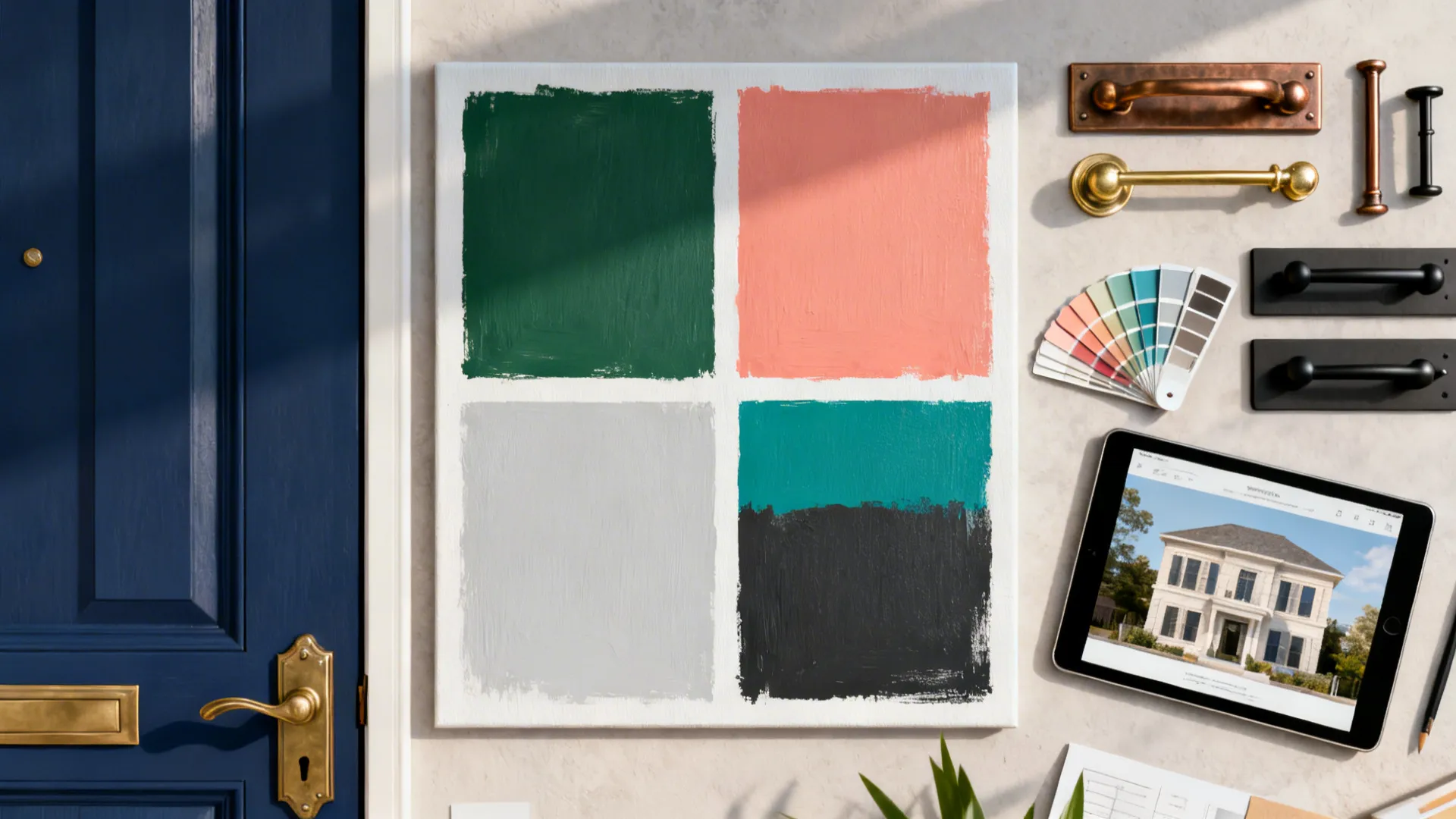 Top-down view of paint sample grid on a door with swatches and hardware options for testing colors.