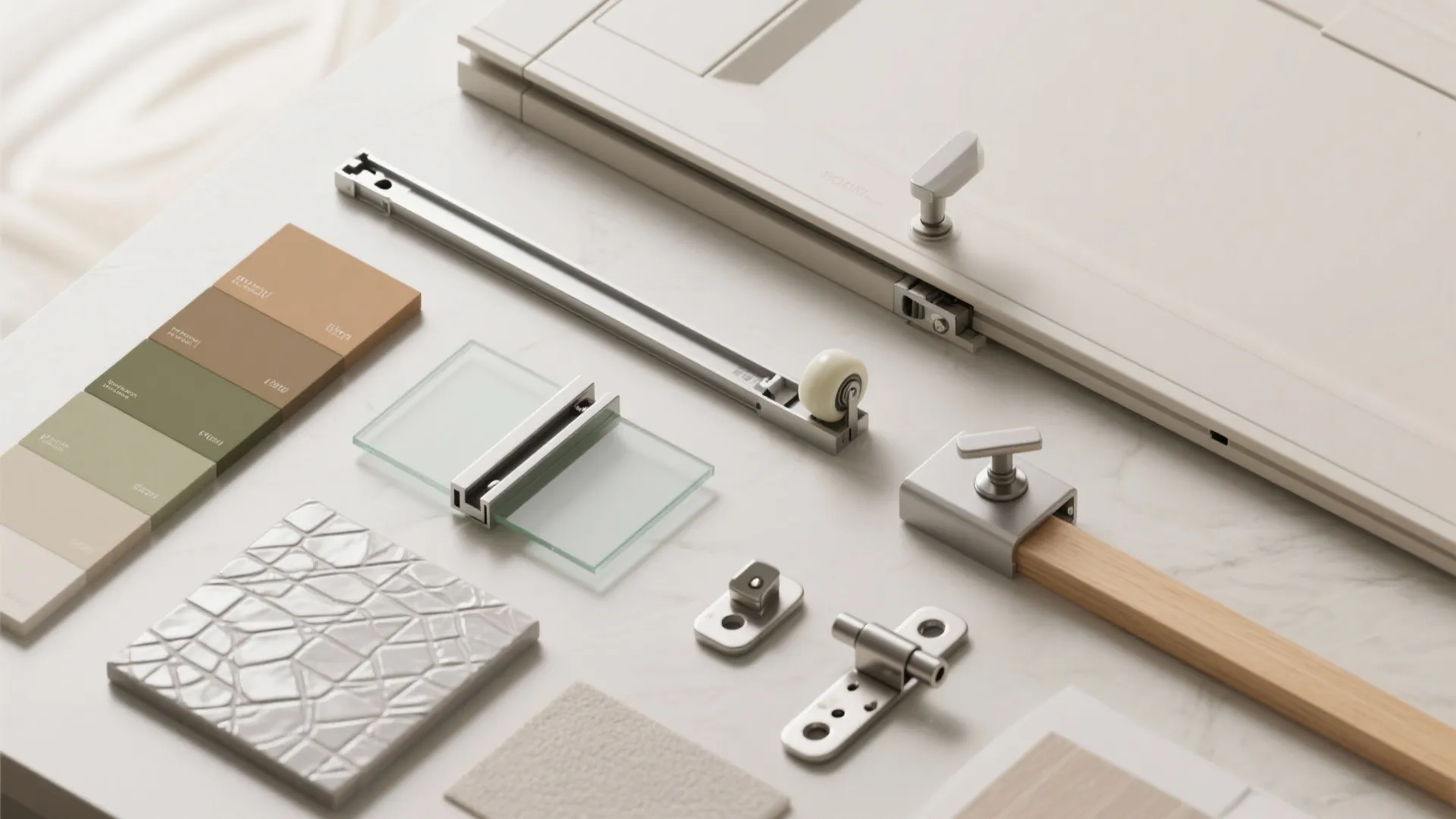 Various interior door hardware samples including metal hinges handles tracks and color palettes on table