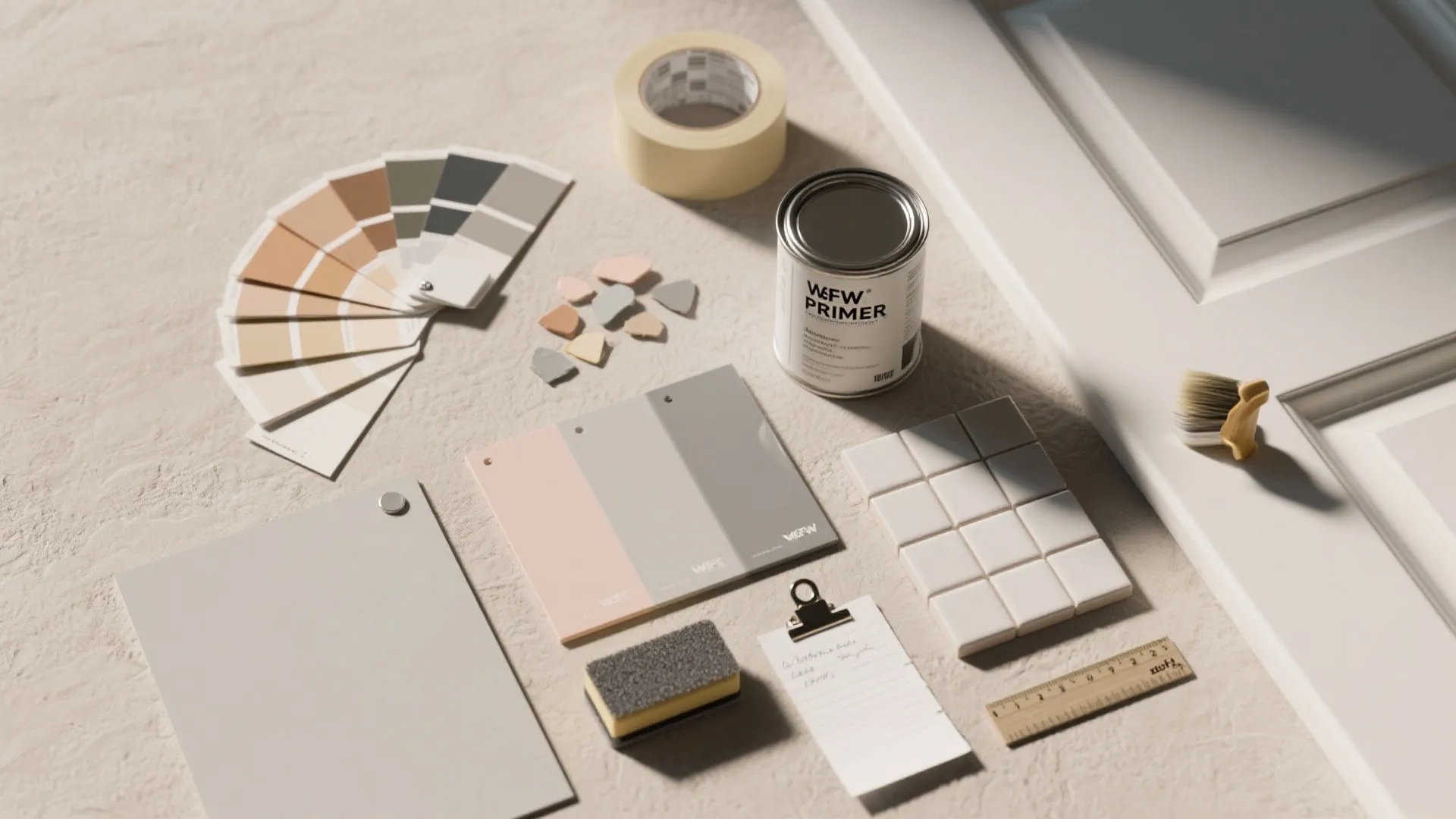 Painting supplies with color swatches a primer can tape and brush on white door panel
