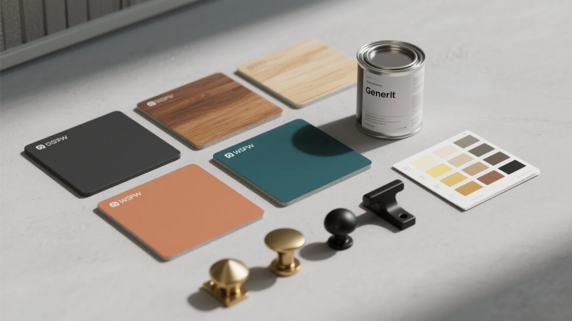 Flat lay of home design materials including color samples paint can and metal door knobs