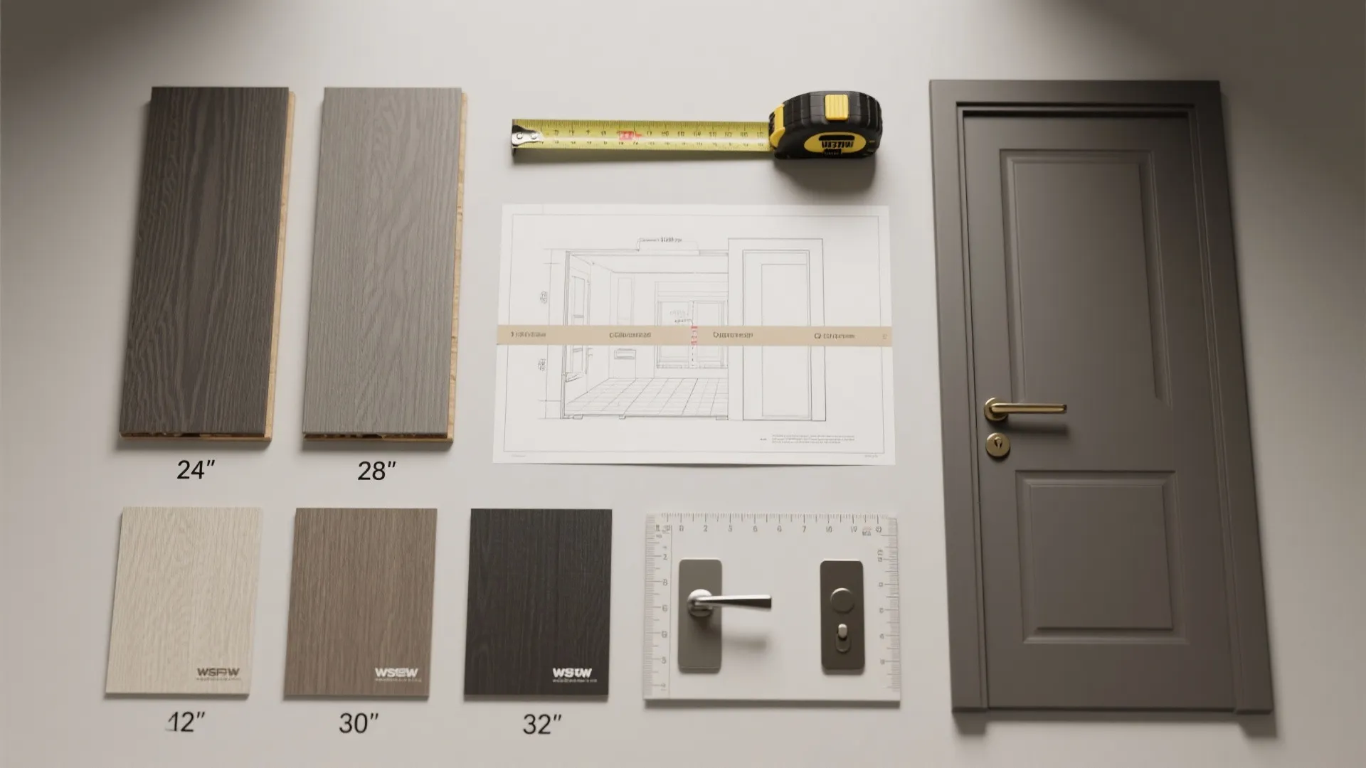 Wood samples door model floor plan drawing measuring tape and door handles for home renovation