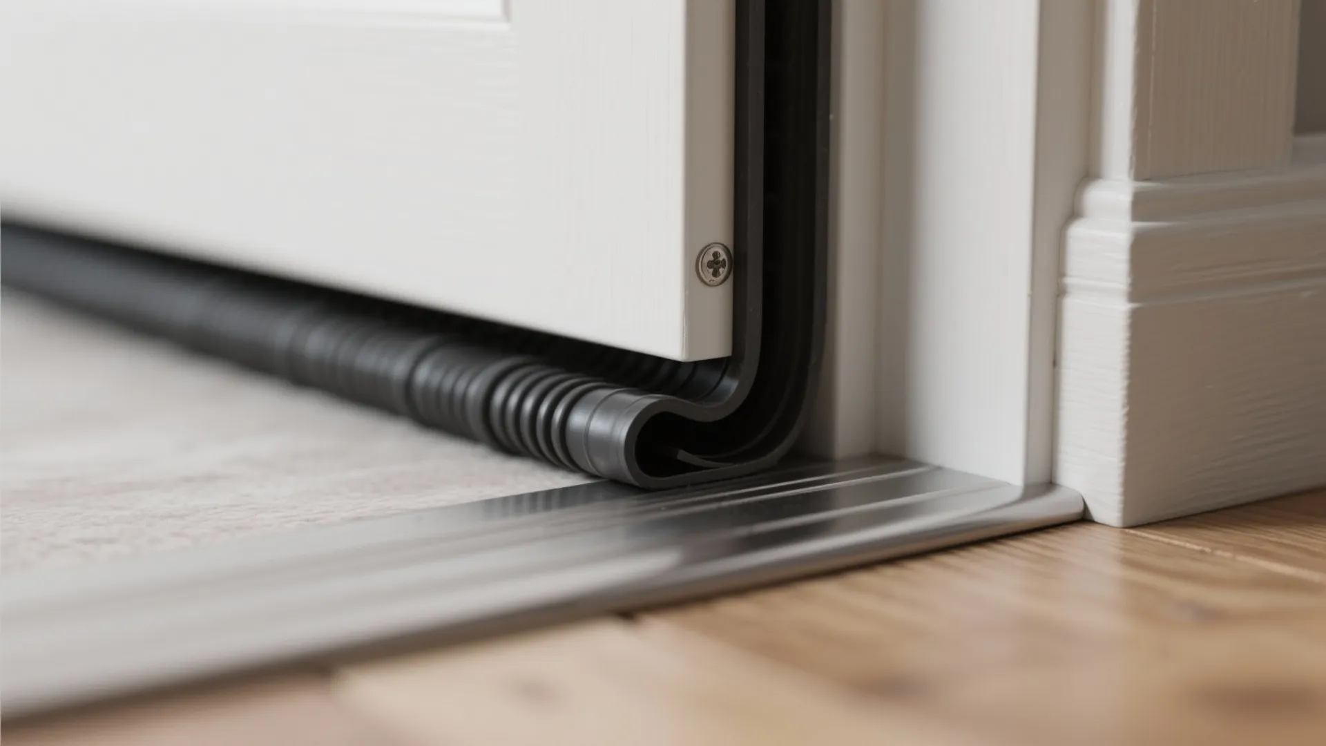 Macro detail of a rubber door sweep and compressible weatherstripping sealing a studio door.