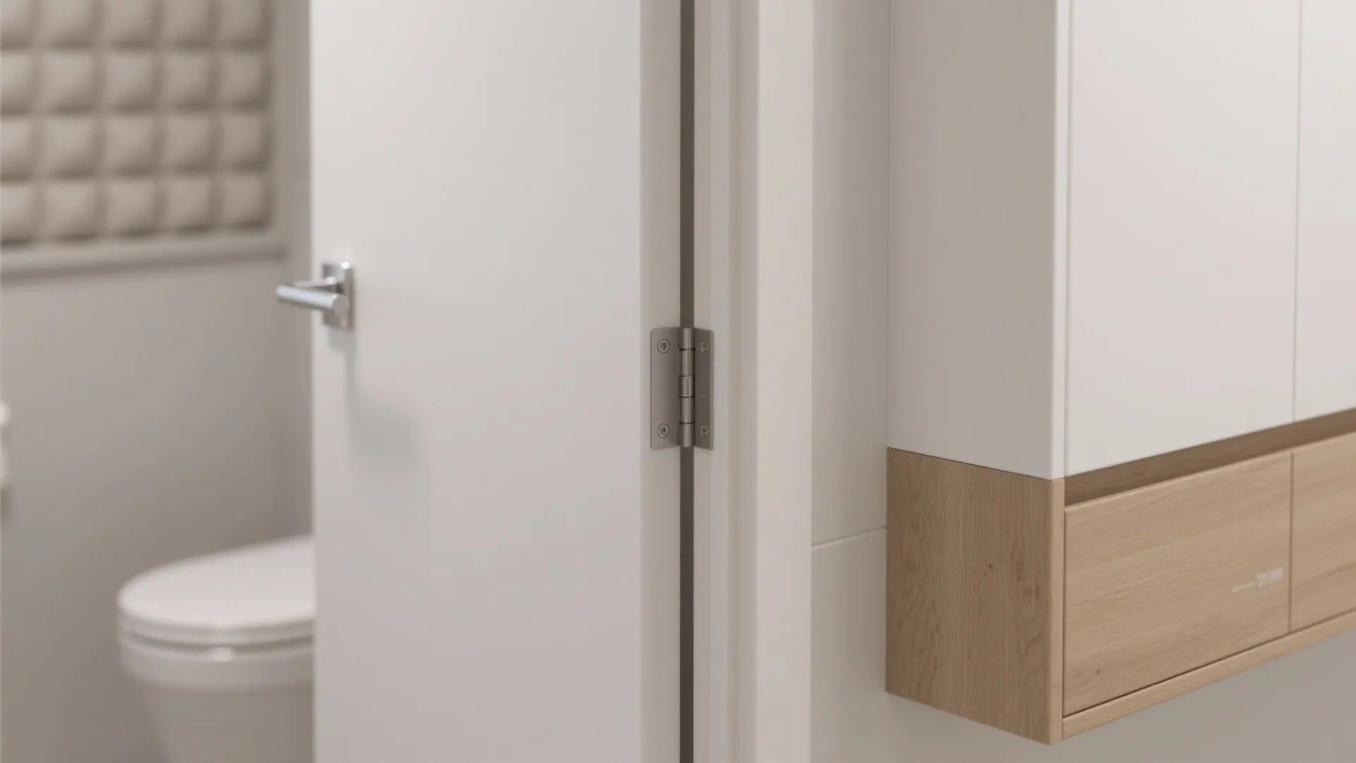 Close up of a metal door hinge on a white door next to wood cabinet