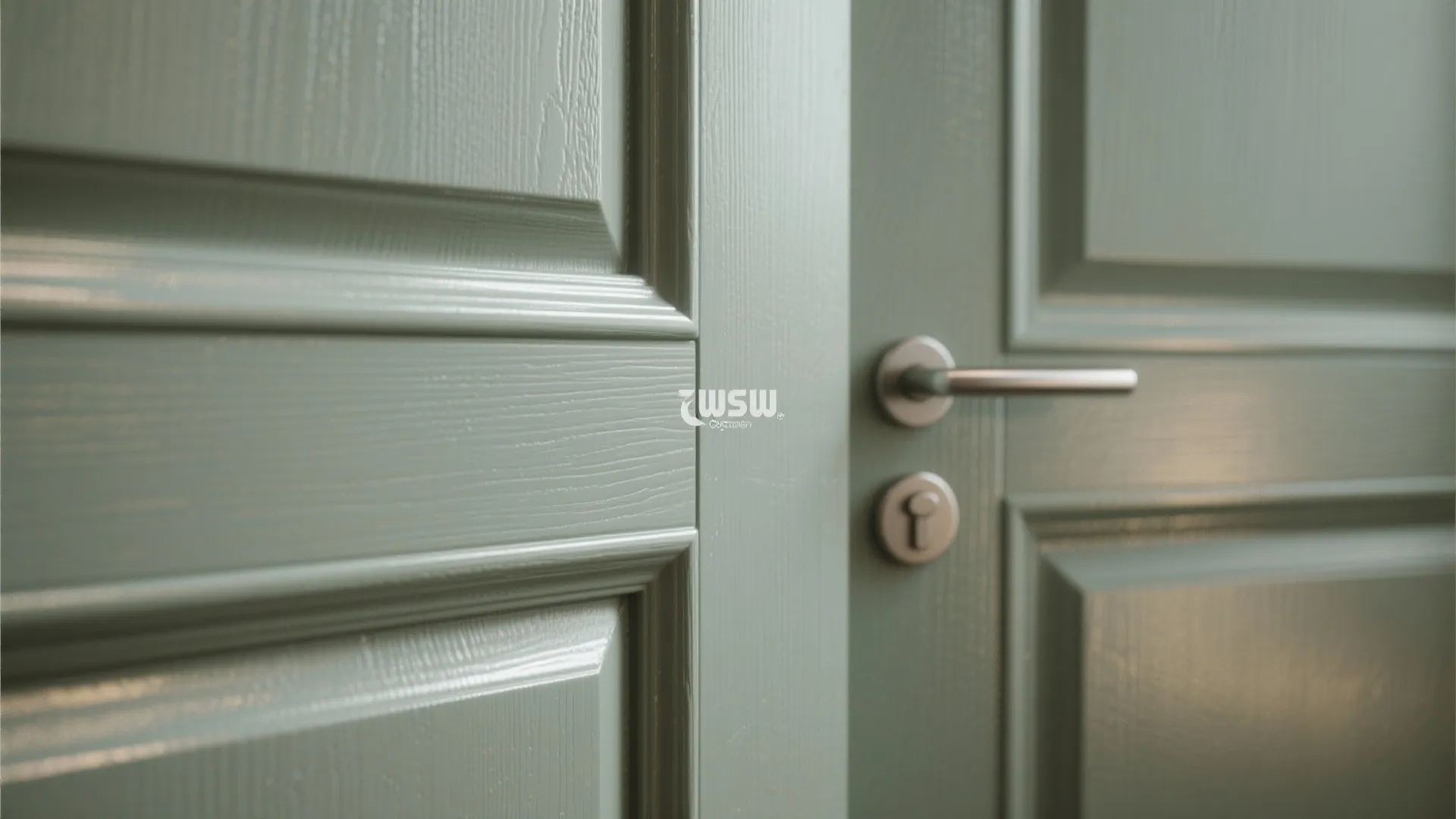 Close up of sage green wooden door with metal handle lock and decorative wall panel details