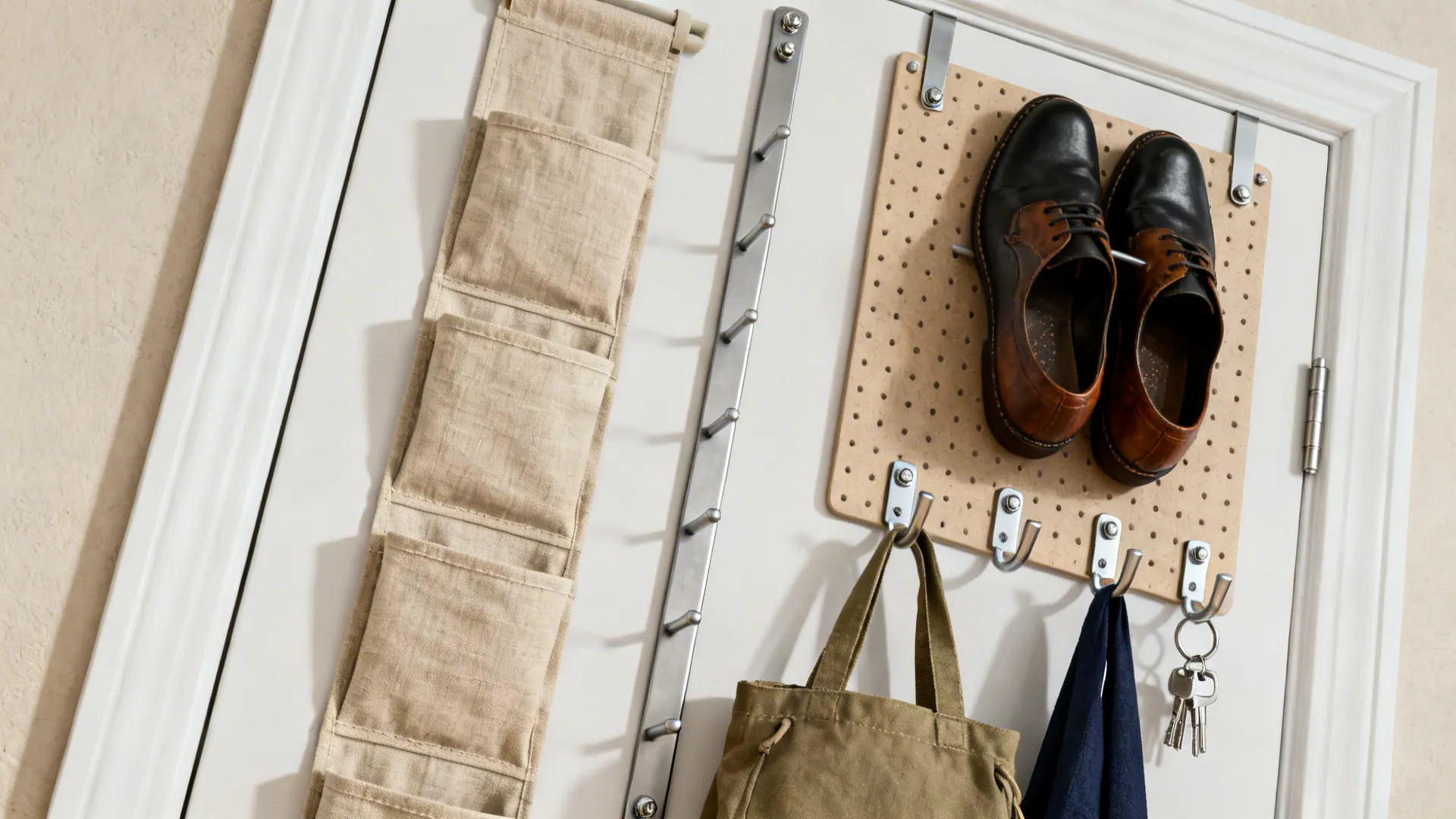 Back-of-door vertical shoe storage using hanging pockets, a slim rack, and a pegboard with reinforced hooks.
