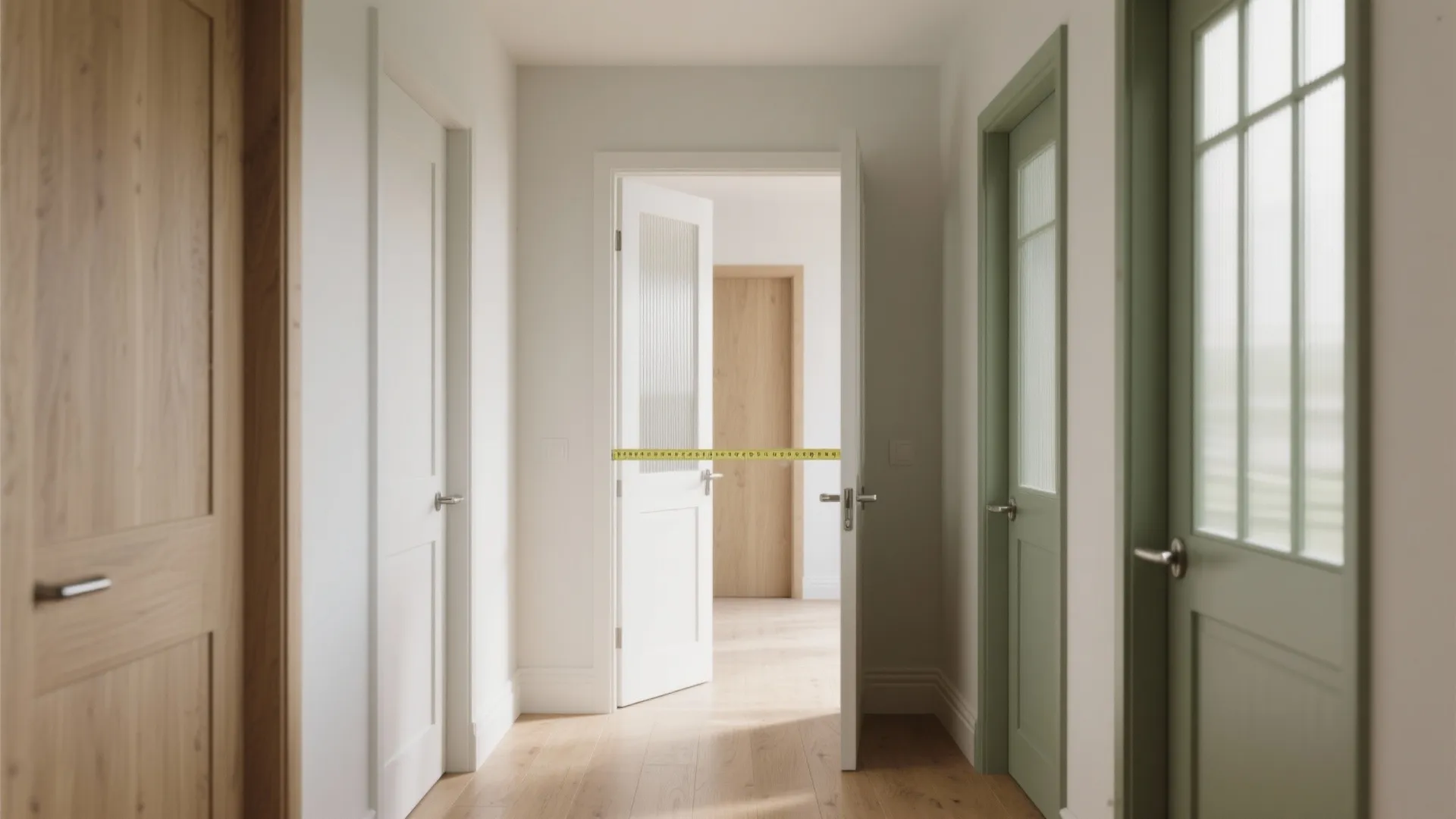 White hallway showing multiple doors and yellow tape measure stretched across a central open doorway