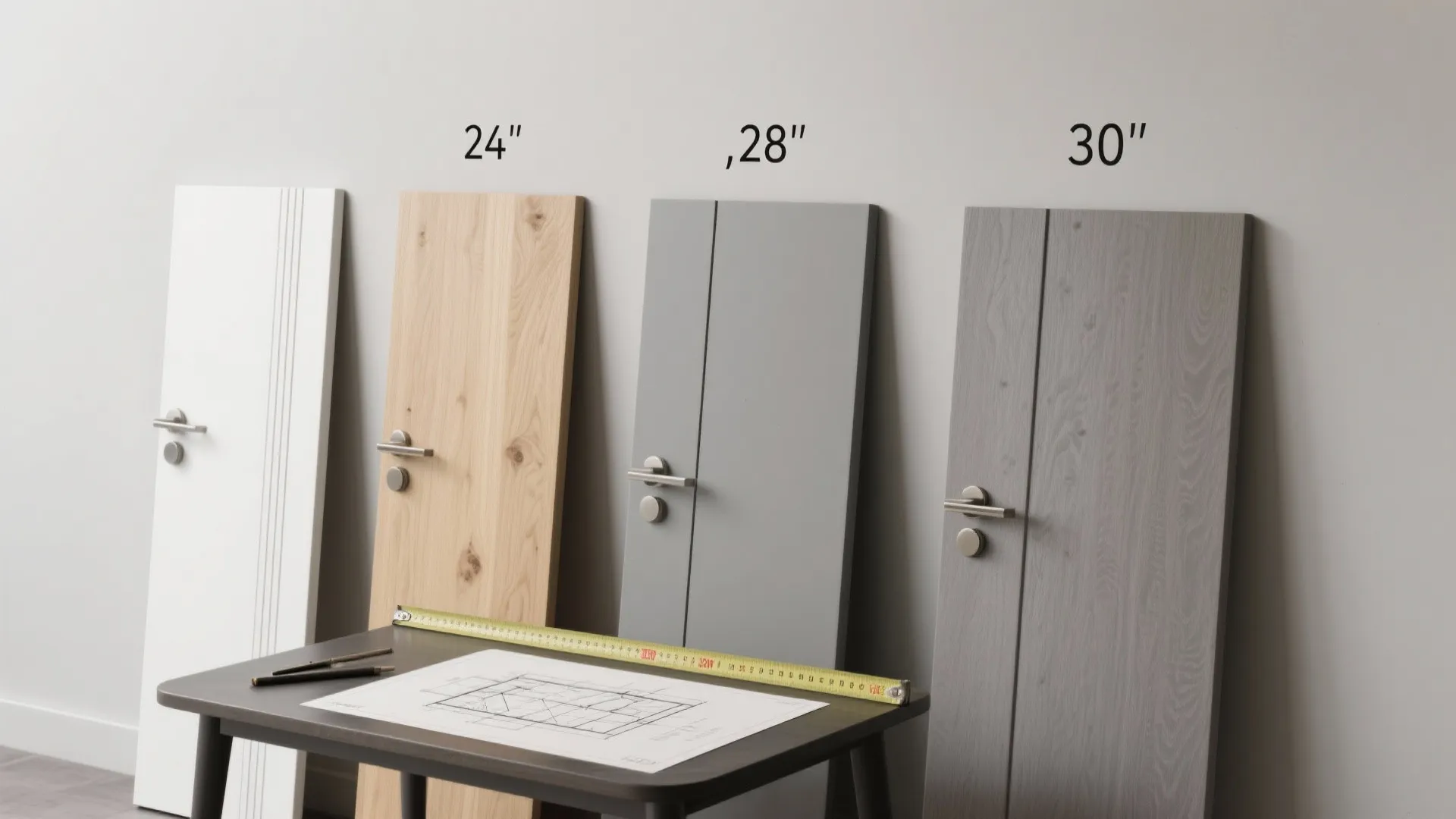 Three door samples labeled with widths and a tape measure on a floorplan, illustrating standard bathroom door sizes.