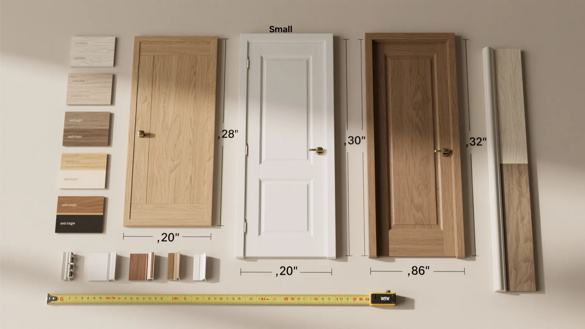 Top-down flatlay of door slab samples labeled with common widths and height reference, with trim swatches.