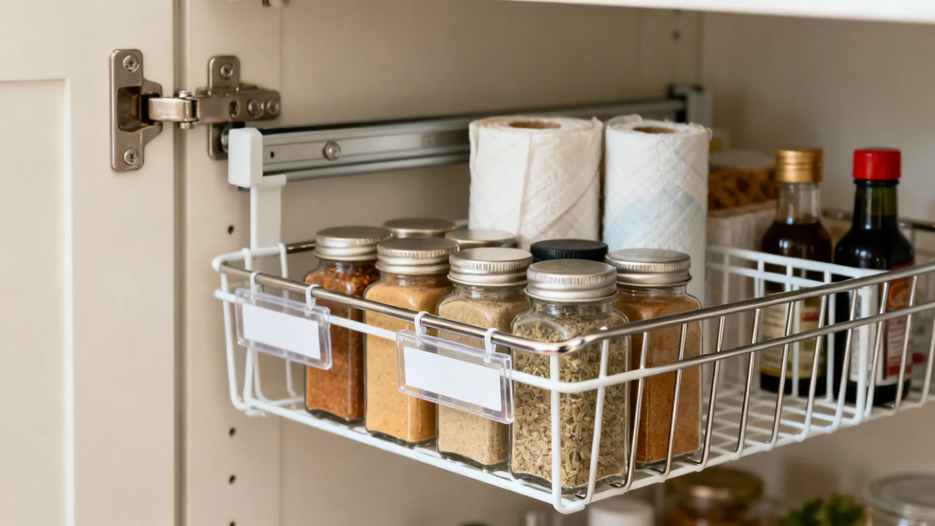 Pull out white wire basket inside kitchen cabinet holding several spice jars and paper towel rolls