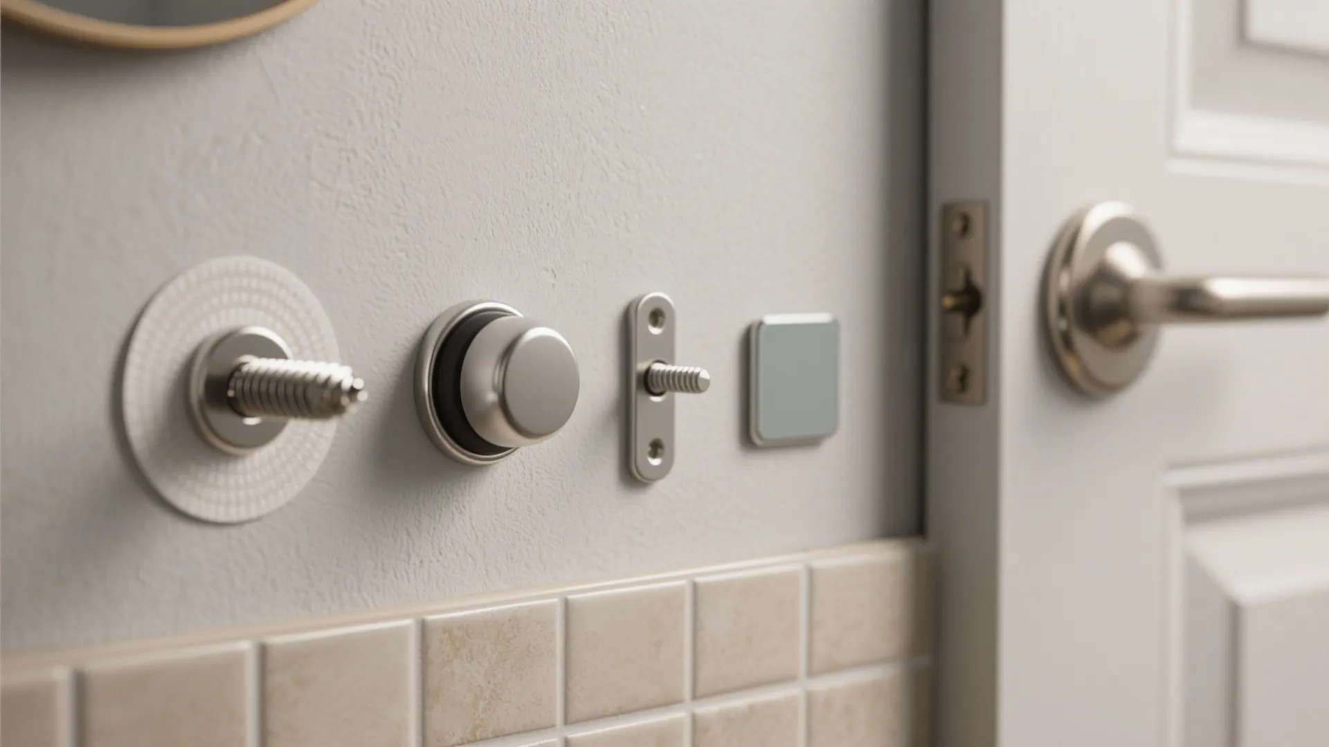 Collection of different door stop types arranged on tile and painted wall for comparison.