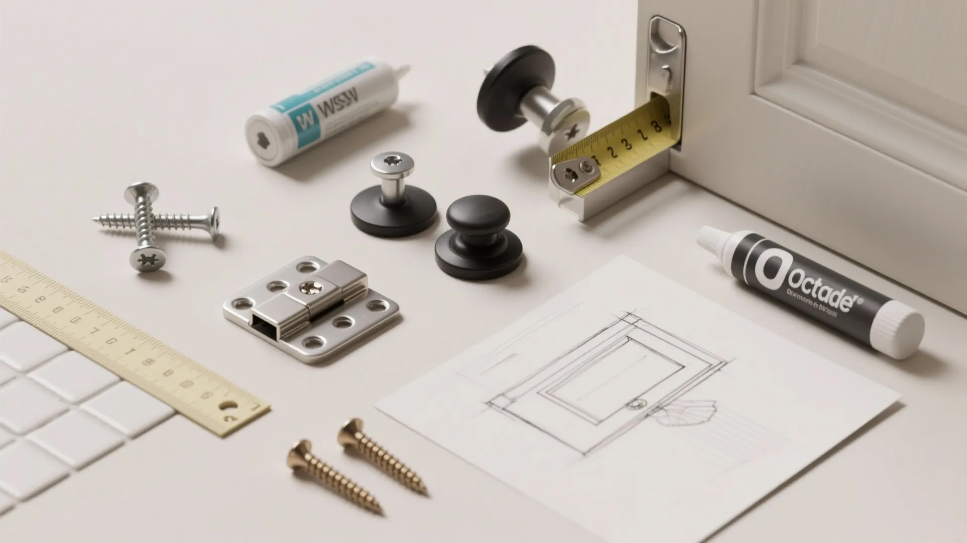 Flatlay of door-stop options, anchors, adhesive, and a door-swing sketch for planning.