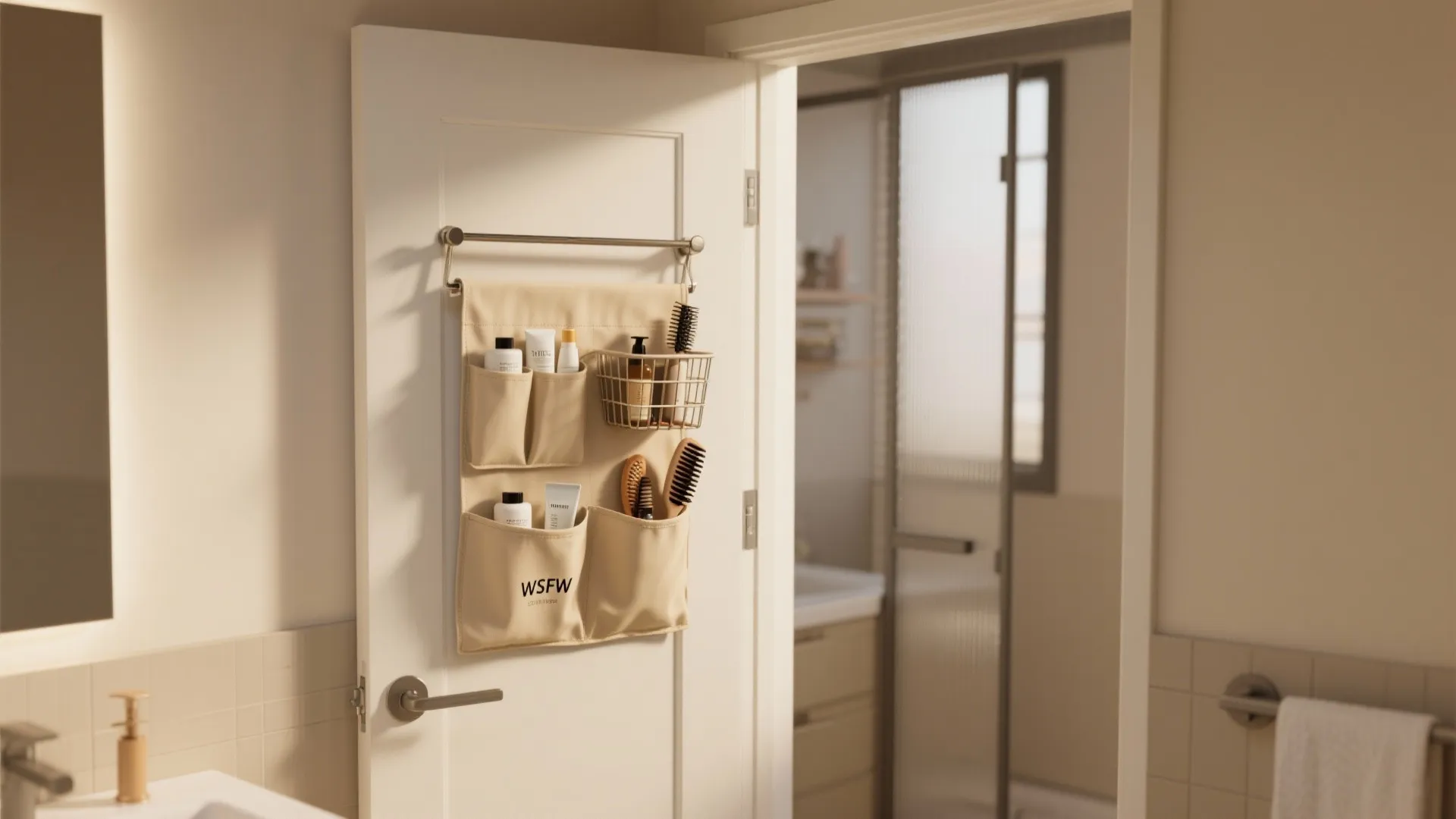 Beige hanging door storage organizer with pockets holding hairbrushes and bottles in a bright bathroom