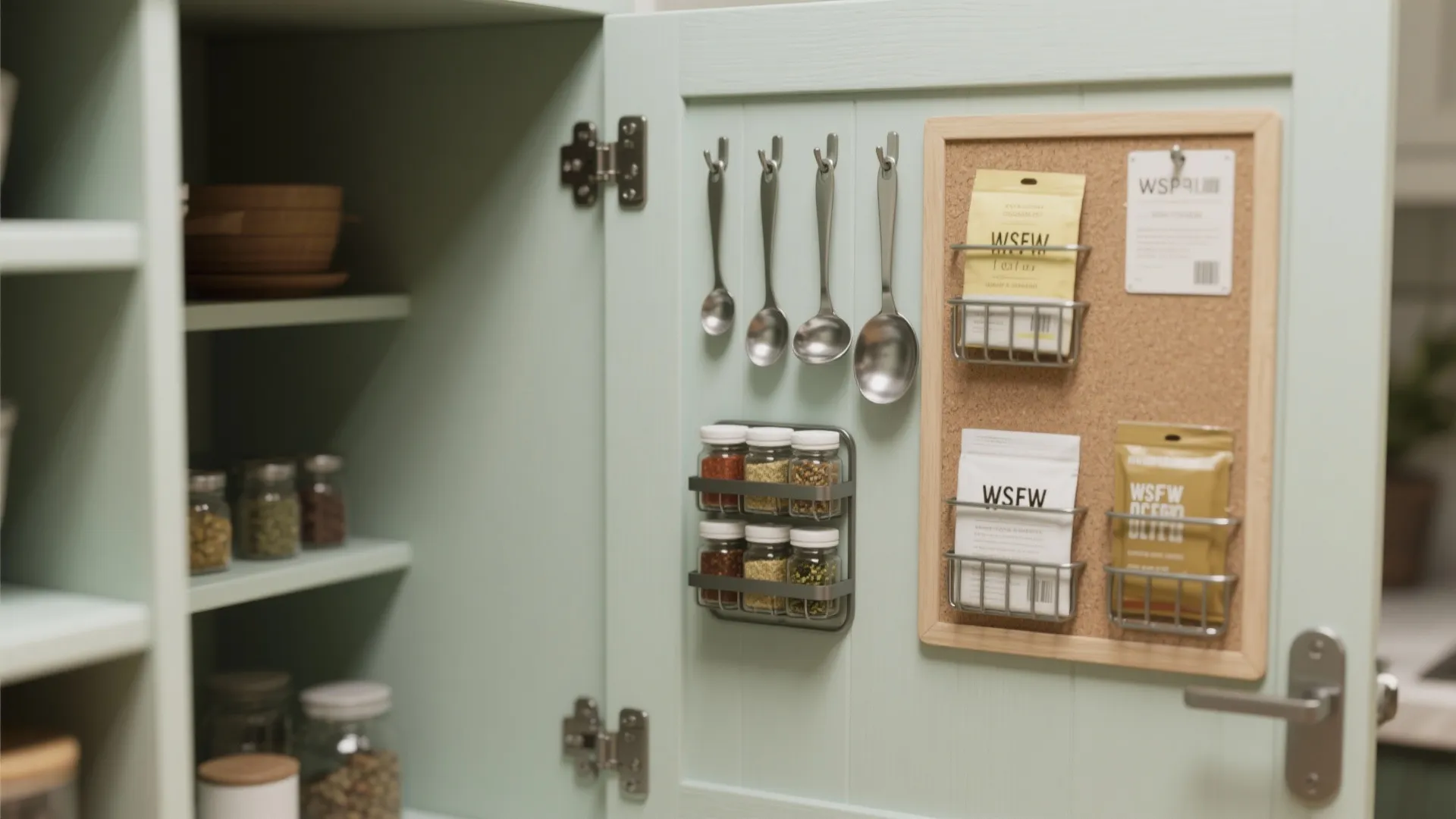 Light green kitchen cabinet door with metal spoons spice jars and a small cork board