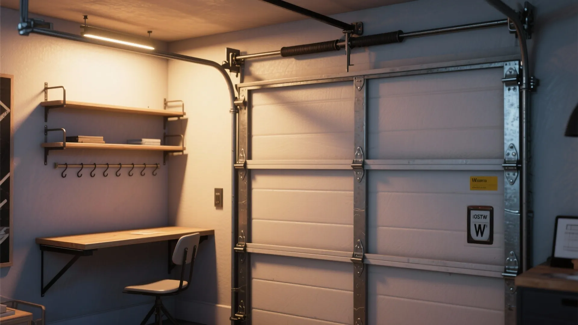 Garage interior featuring a white sectional door next to a wooden desk and wall shelves
