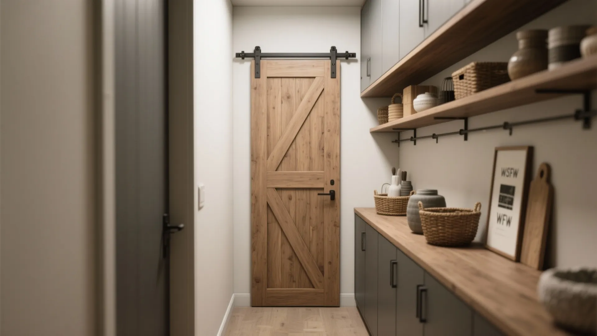 Sliding barn door beside a shallow built-in shelving unit creating a functional storage wall in a narrow corridor.