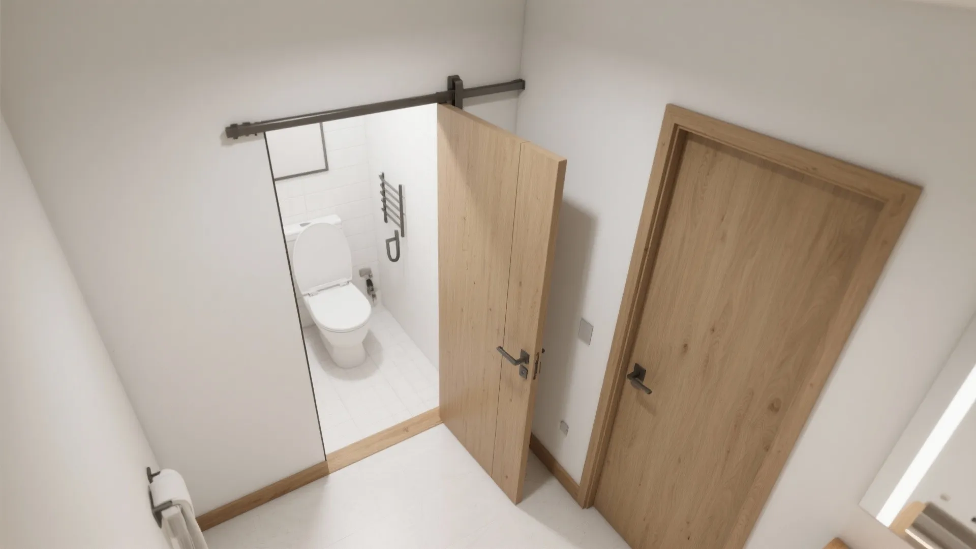 Modern wood sliding door opening to a white bathroom with toilet and black wall rails
