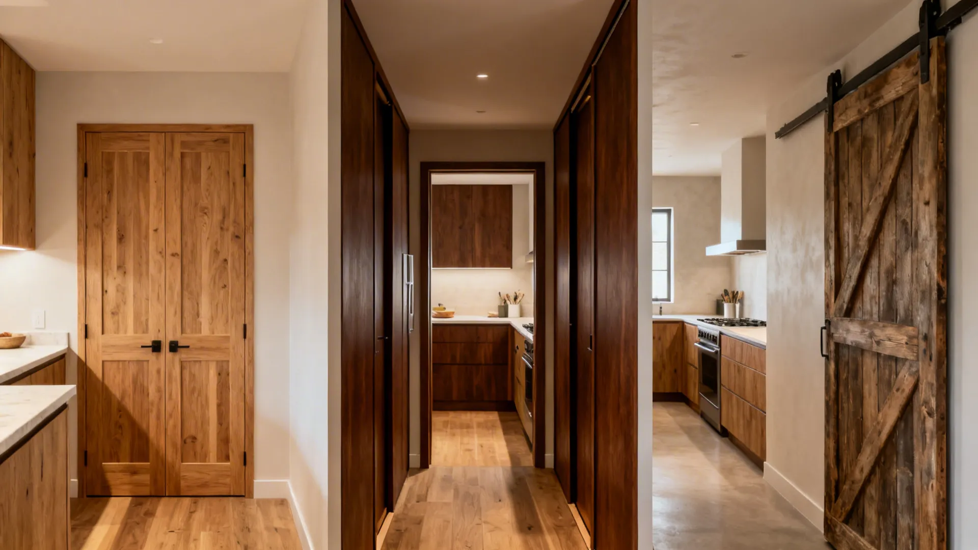 Wooden hallway with several internal doors leading into a modern kitchen and bright living room