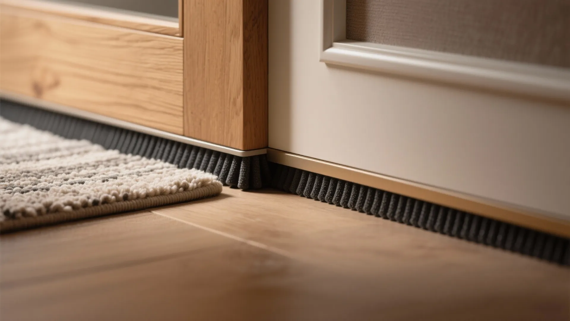 Close up of a wooden door bottom showing grey brush seal above a light wood floor