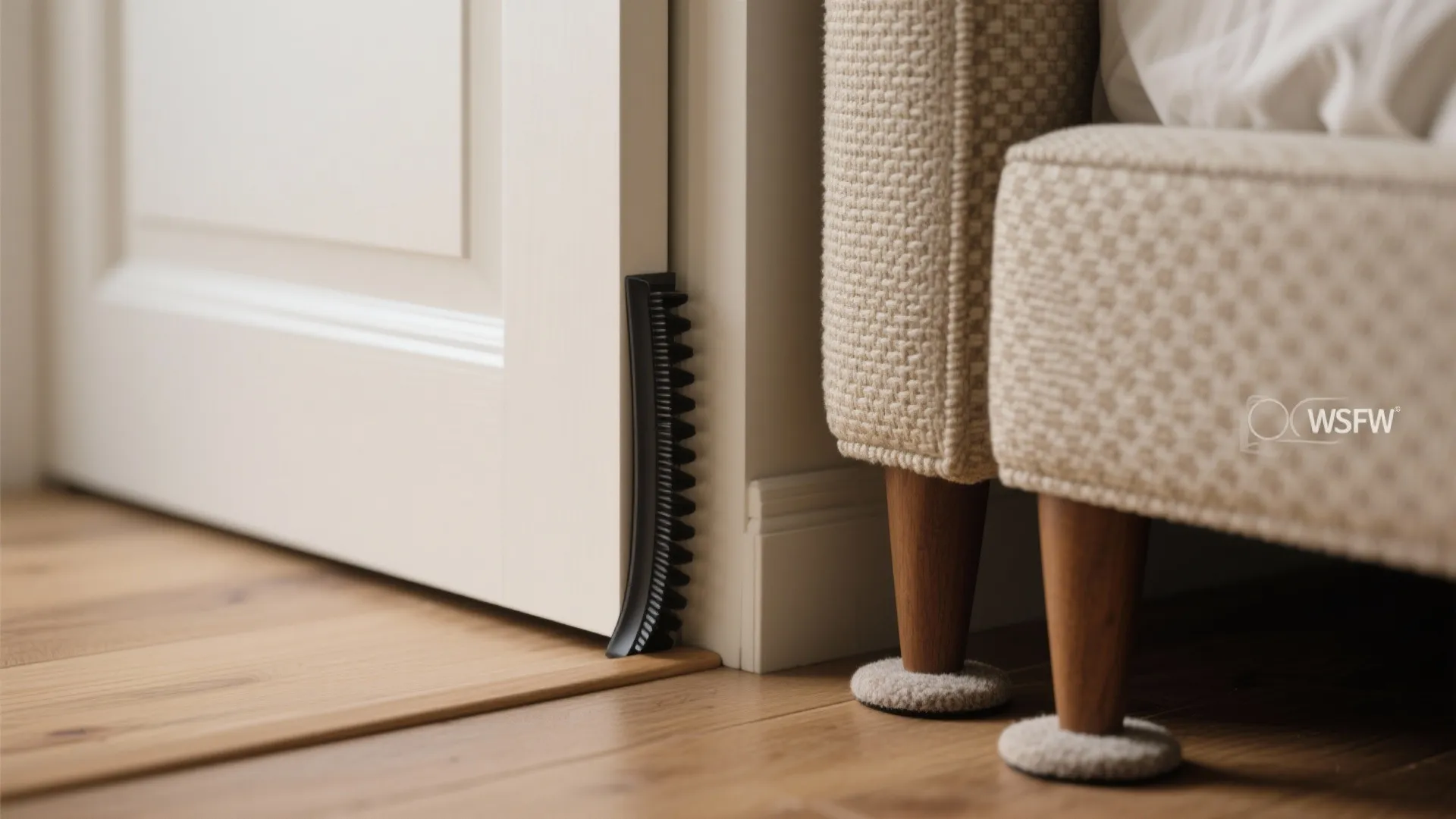Close up view of a black door sweep and protective pads on wooden furniture legs