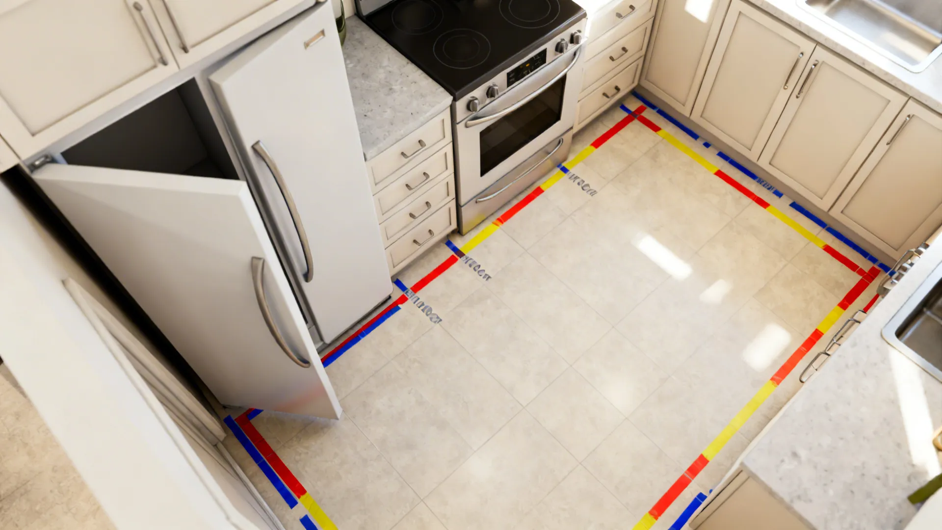 Top-down view showing different refrigerator door swing arcs to avoid collisions in a tight kitchen.