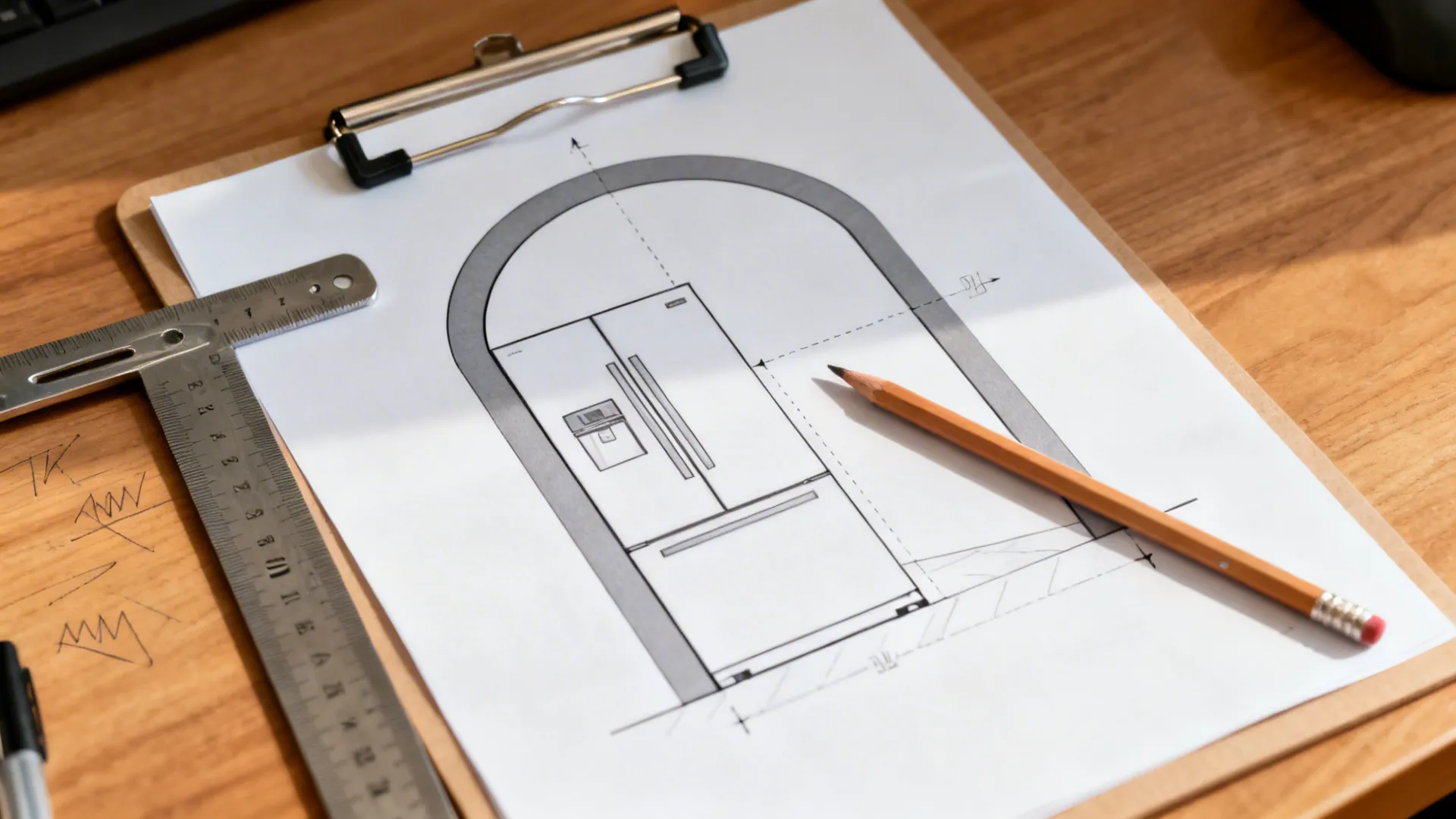 Close-up of a plan showing a fridge door swing arc that clears an apartment entry doorway.