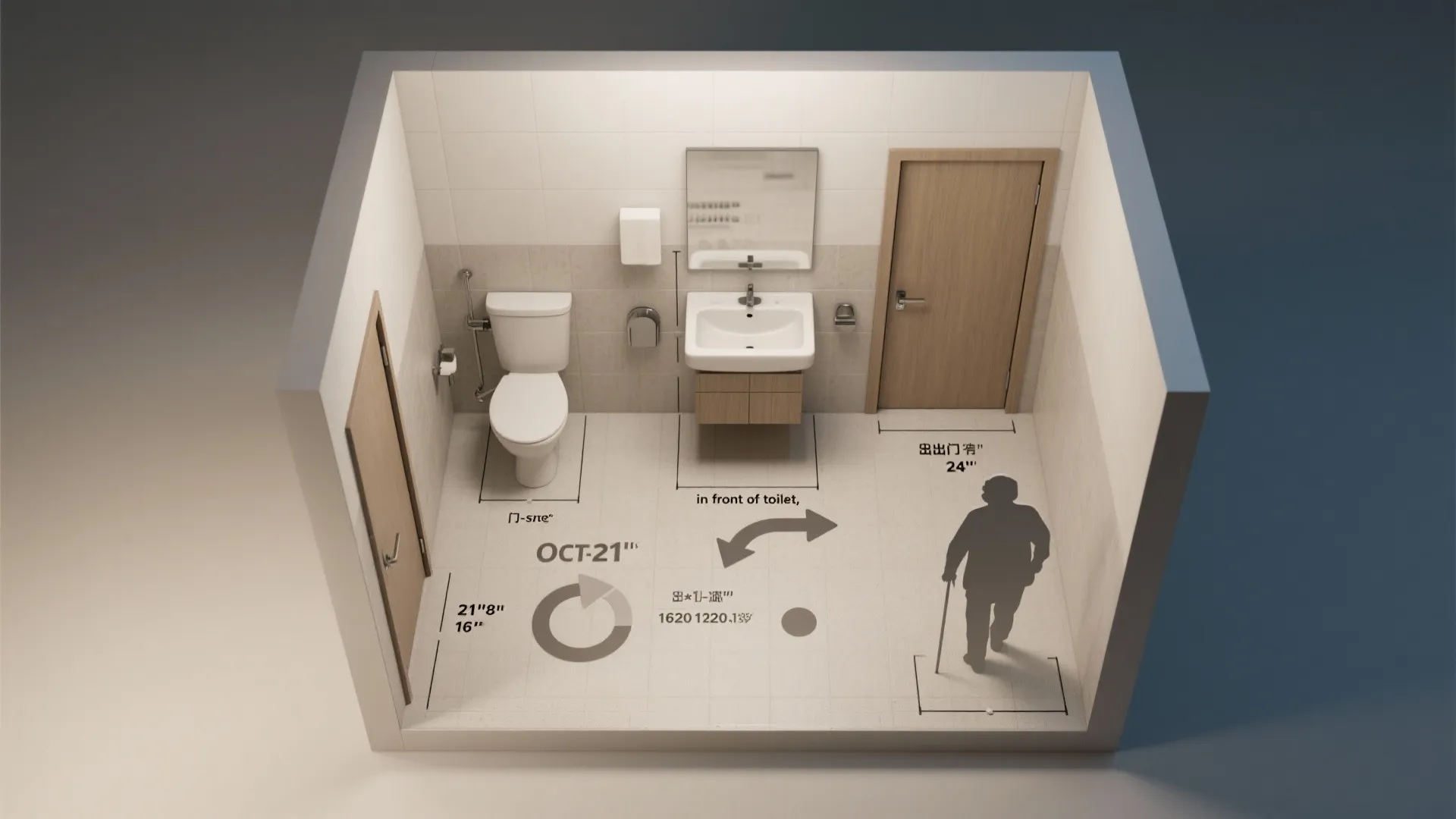 Top-down floorplan showing in-swing and out-swing door arcs and required clearances for safety and circulation.