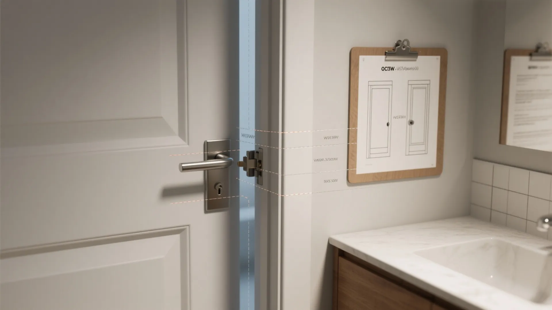 Close-up of a bathroom door swing showing clearance issues with a nearby vanity.