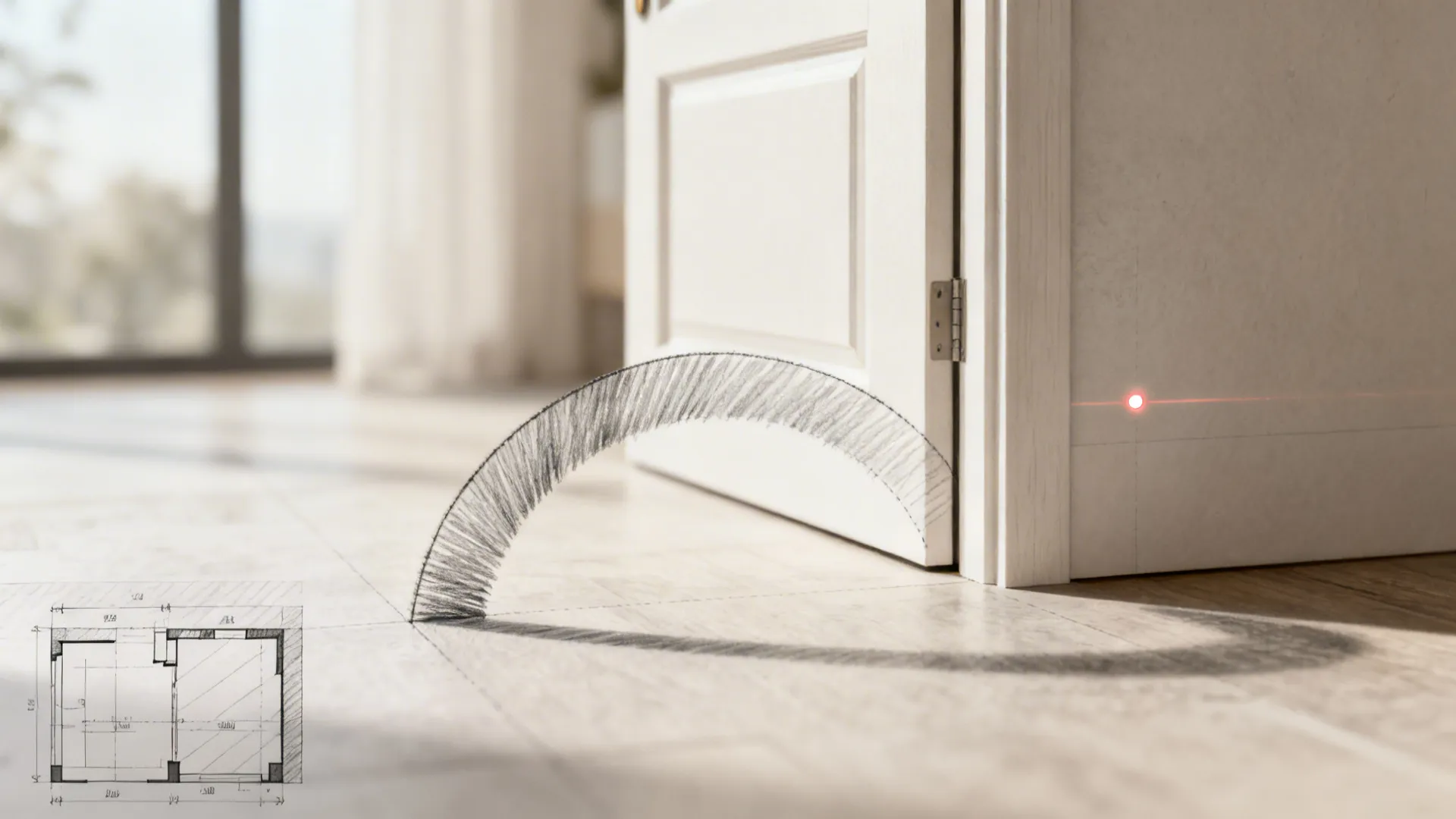 Macro view of a door swing arc and measurement notes on a floor plan.