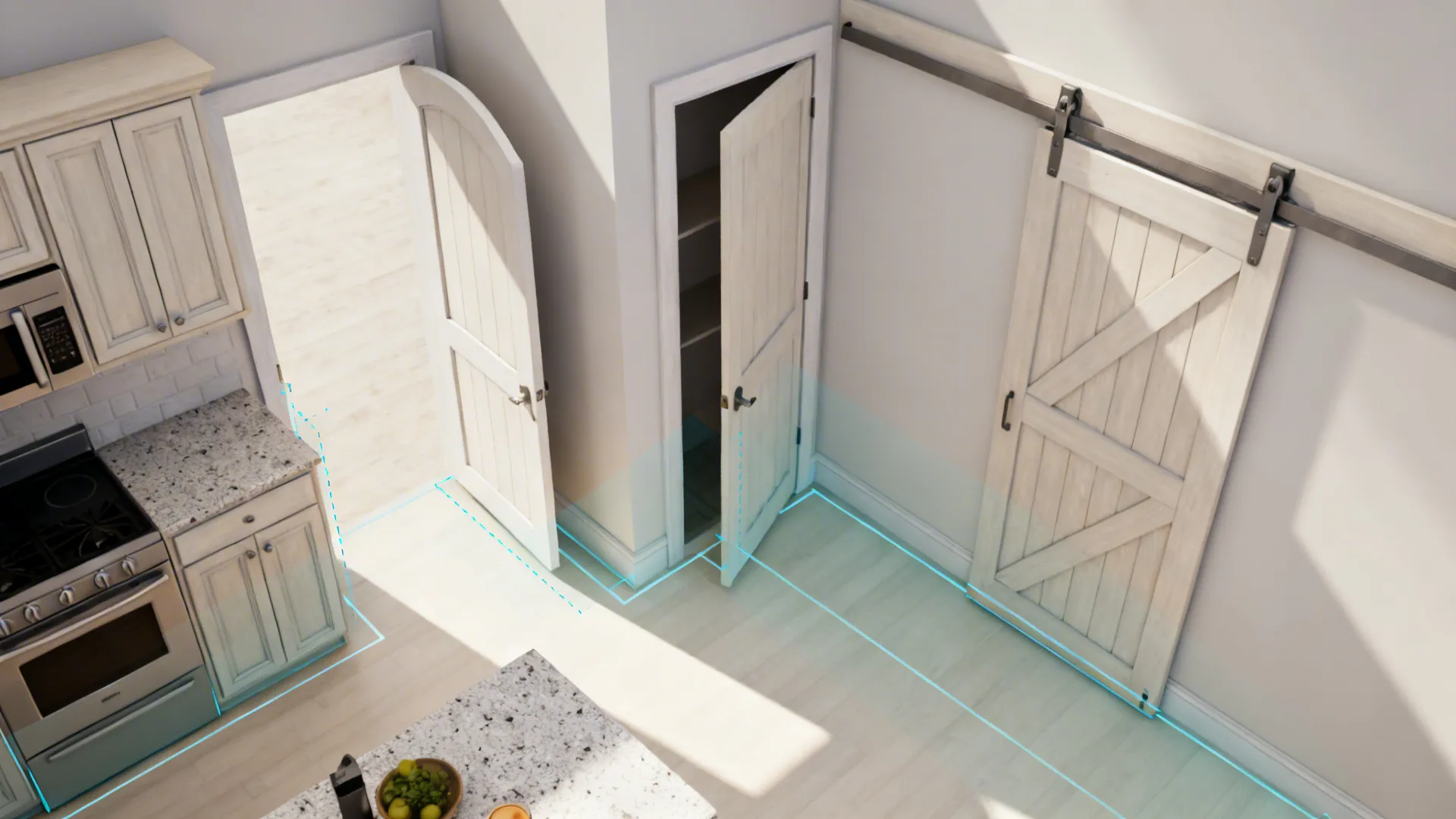 Top-down view of a small kitchen entry showing swing, pocket, and sliding door paths with clearances.