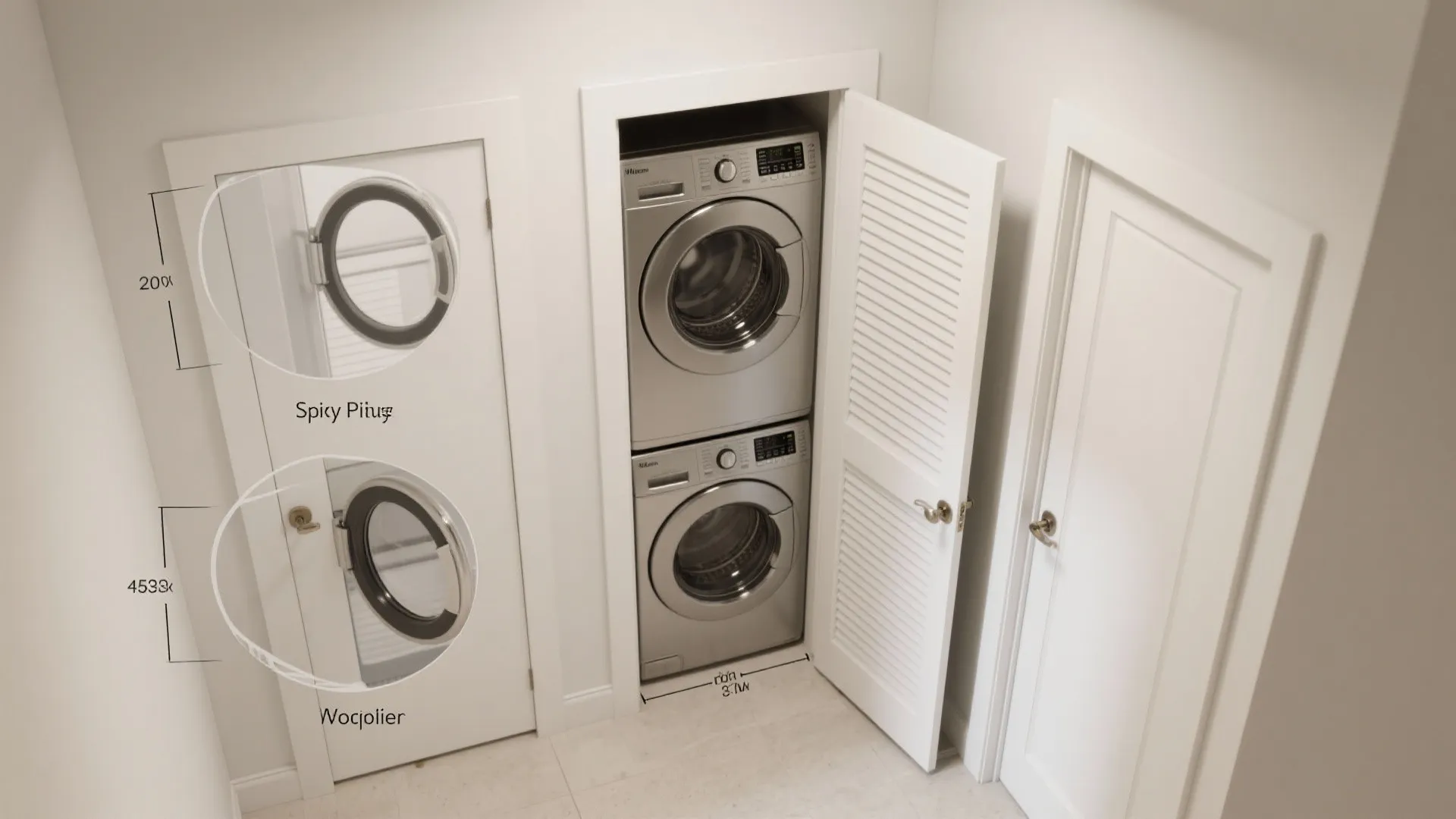 Silver stacked washer and dryer inside a white closet with open doors showing door swing