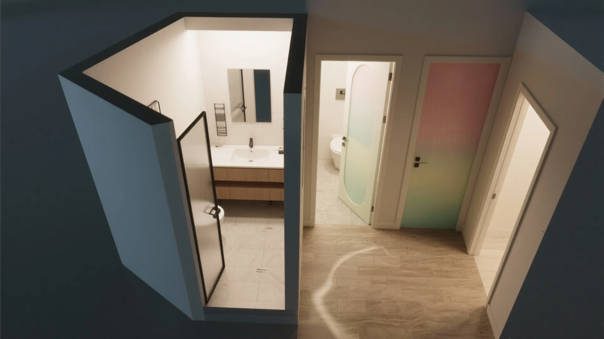 Top view interior design drawing showing bathroom layout with toilet sink and colorful glass doors