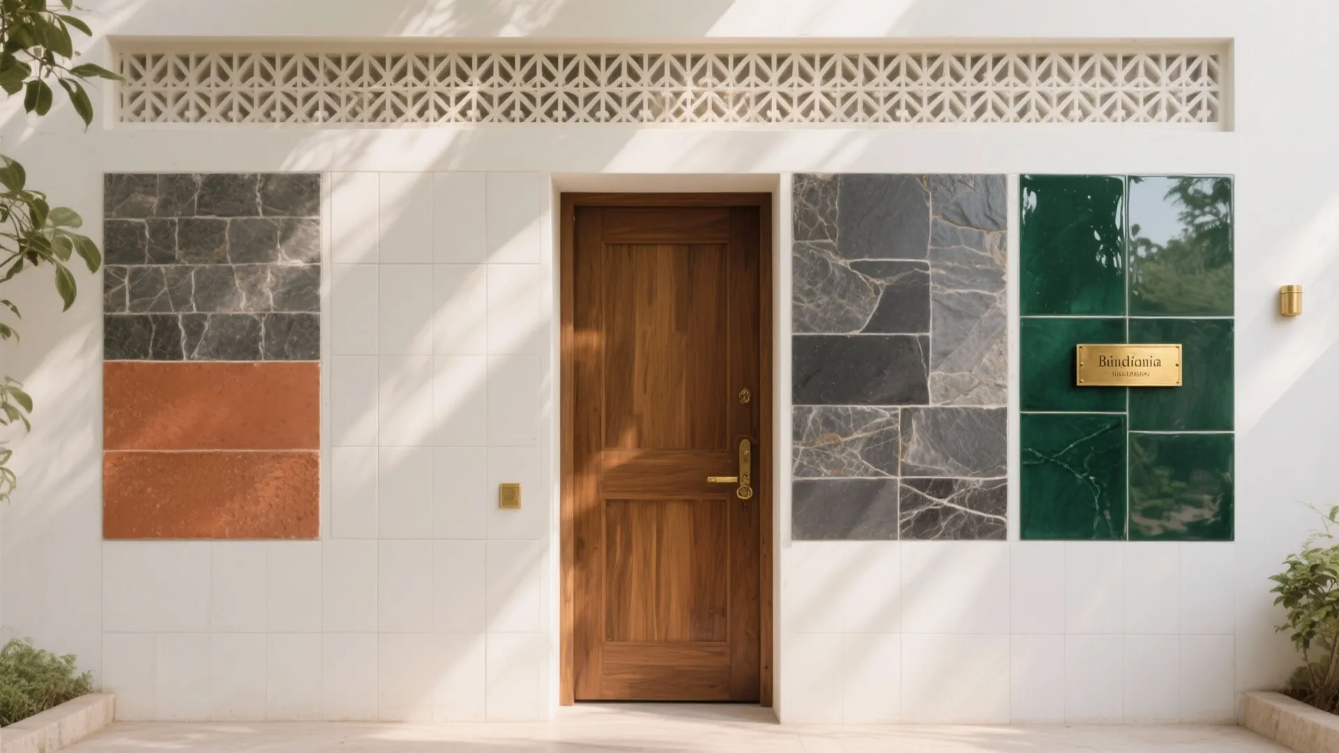 Wooden front door surrounded by various stone orange and green wall tile samples under sunlight